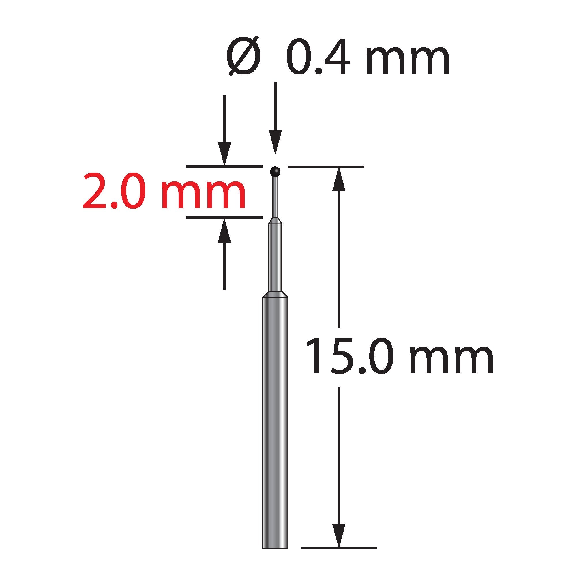 TST-0415-C unthreaded stylus with 0.4mm carbide ball and stepped carbide stem, 15.0mm long by Q-Mark Manufacturing, Inc.