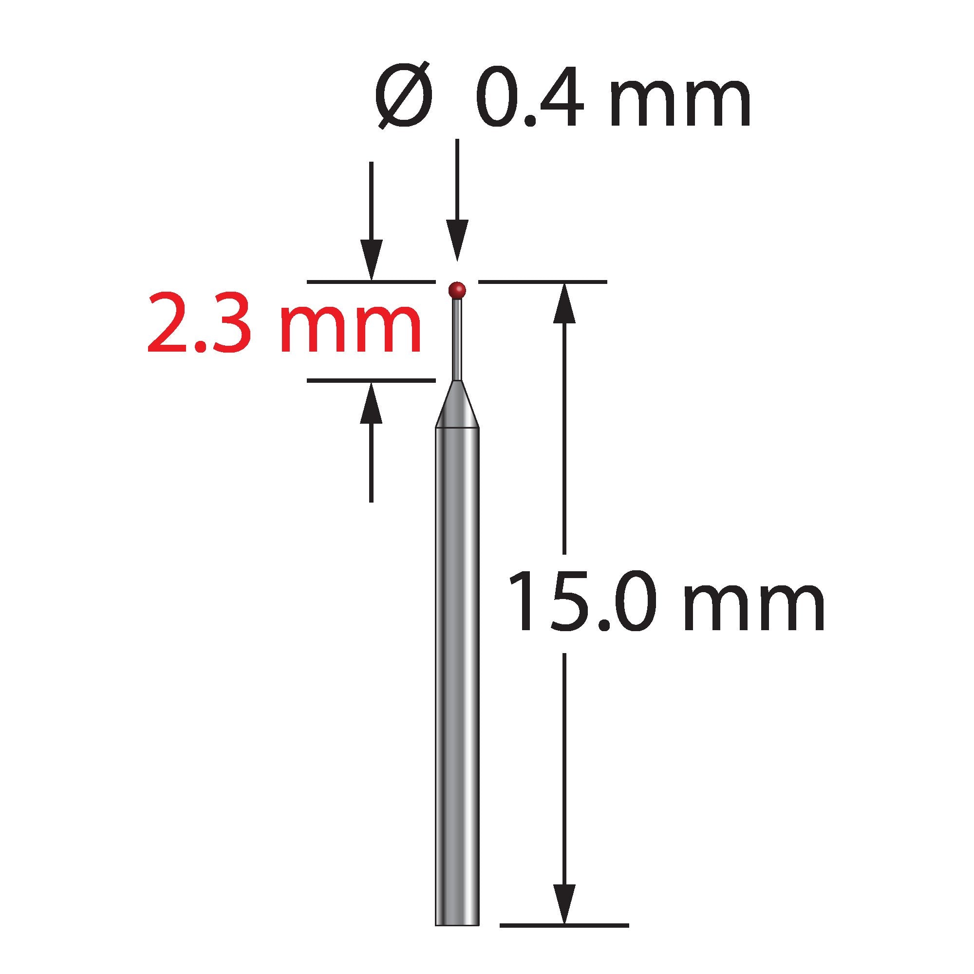 TST-0415 unthreaded stylus with 0.4mm ruby ball and tapered carbide stem, 15mm long, by Q-Mark Manufacturing, Inc.