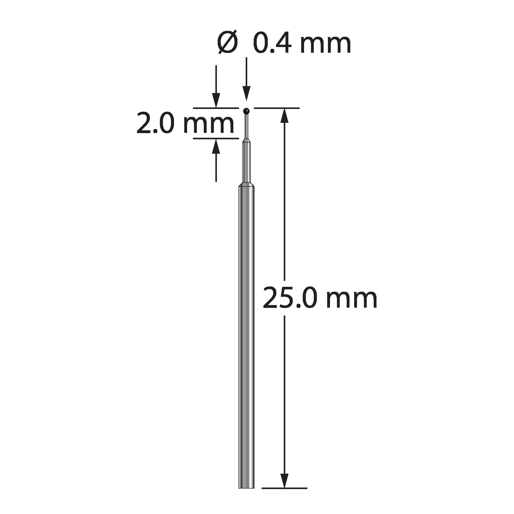 TST-0425-C unthreaded stylus with 0.4mm carbide ball and stepped carbide stem, 25mm long.