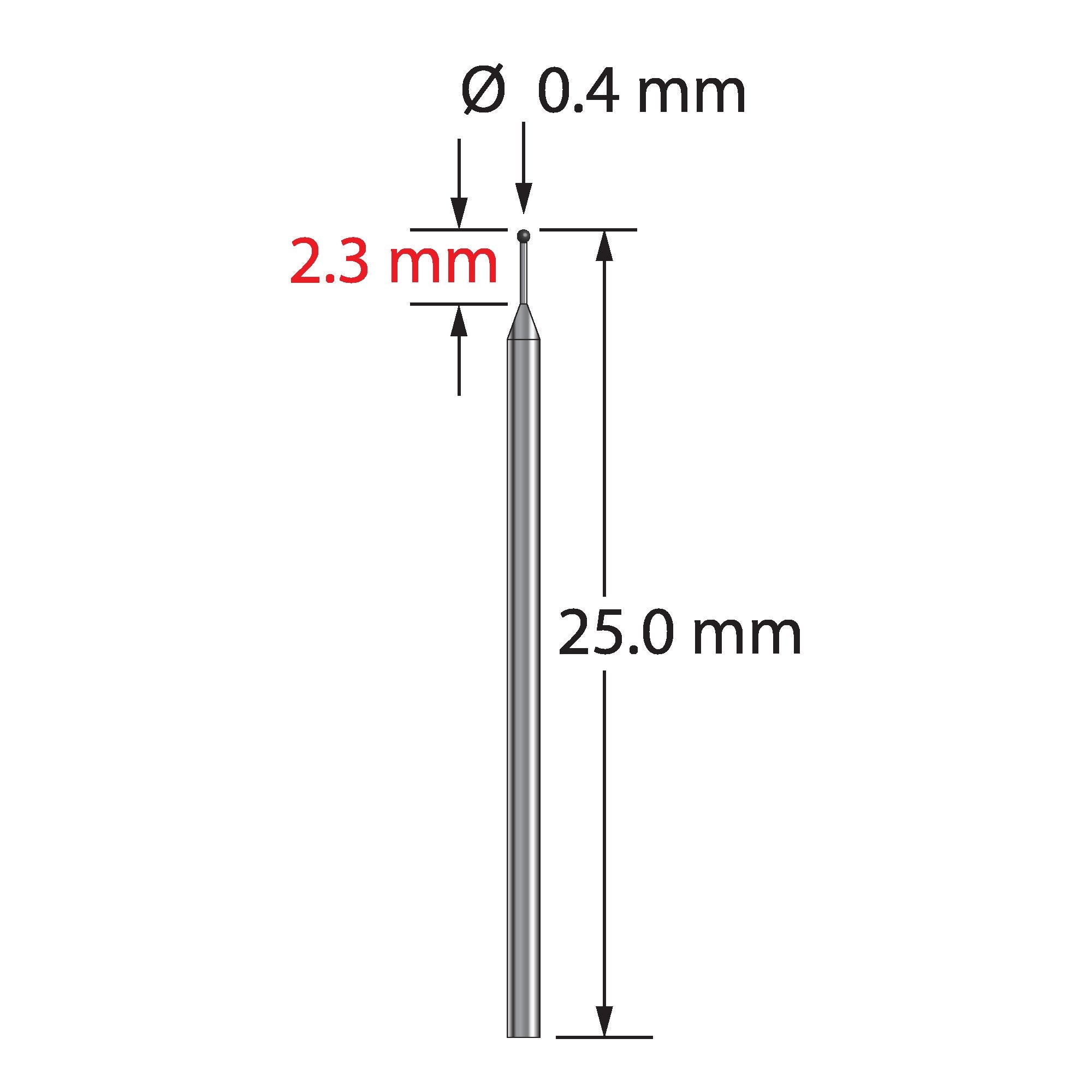 TST-0425-SN unthreaded stylus with 0.4mm silicon nitride ball and tapered carbide stem, 25mm long.