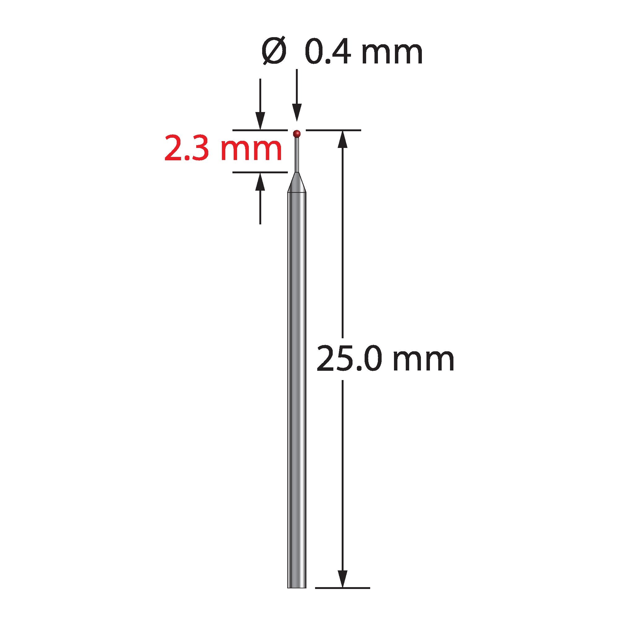 TST-0425 unthreaded stylus with 0.4mm ruby ball and tapered carbide stem, 25mm long by Q-Mark Manufacturing, Inc.
