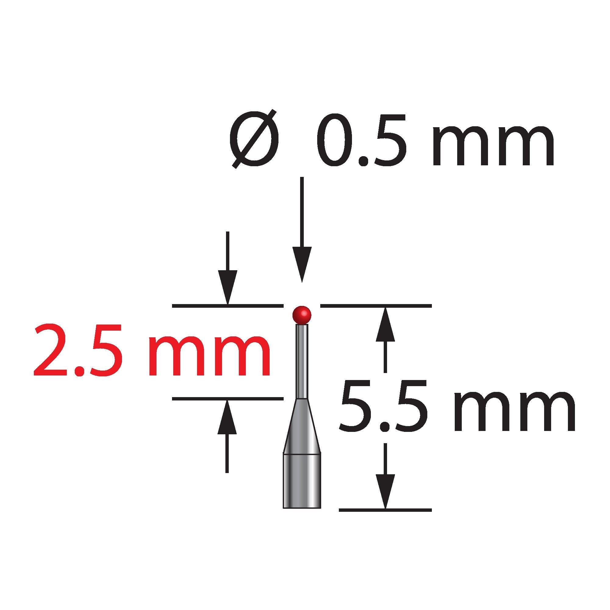 TST-0505.5-R unthreaded stylus with 0.5mm ruby ball and tapered carbide shaft, 5.5mm long, by Q-Mark Manufacturing, Inc.