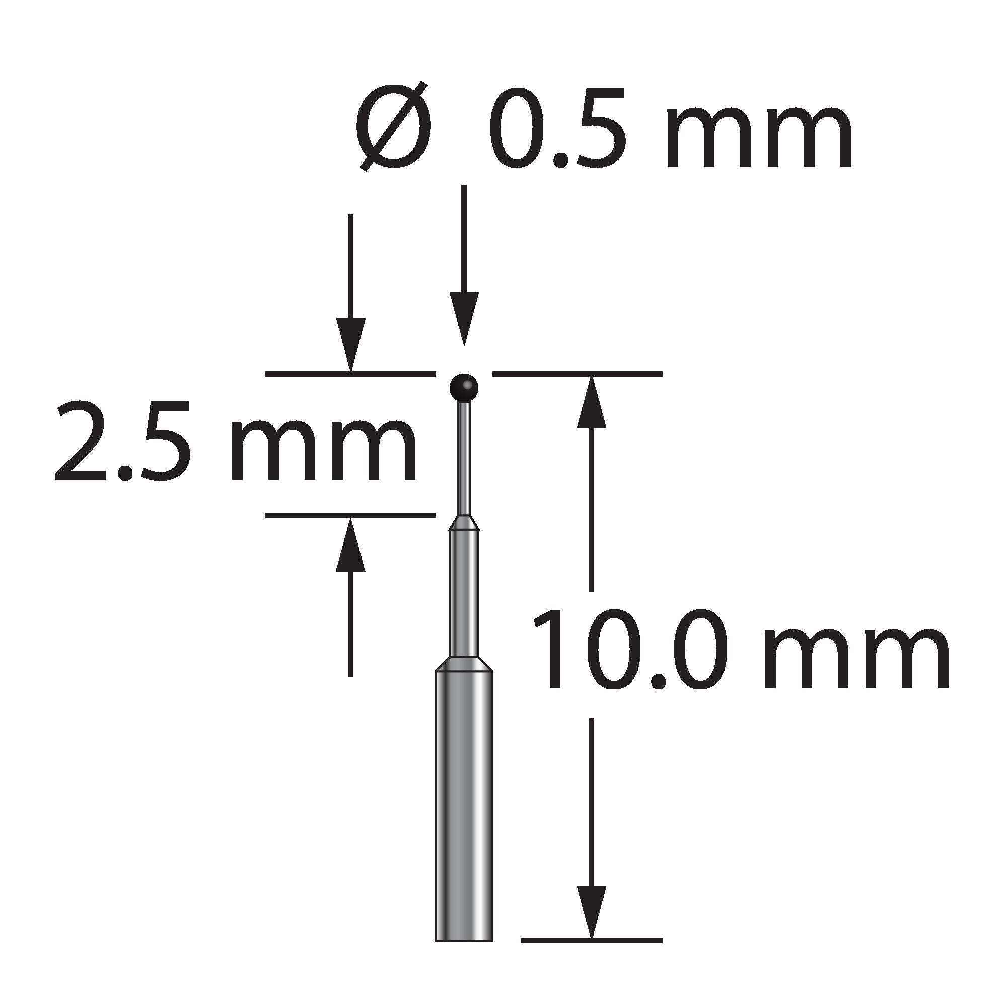 TST-0510-C unthreaded stylus with 0.5mm carbide ball and stepped carbide stem, 10.0mm long by Q-Mark Manufacturing, Inc.