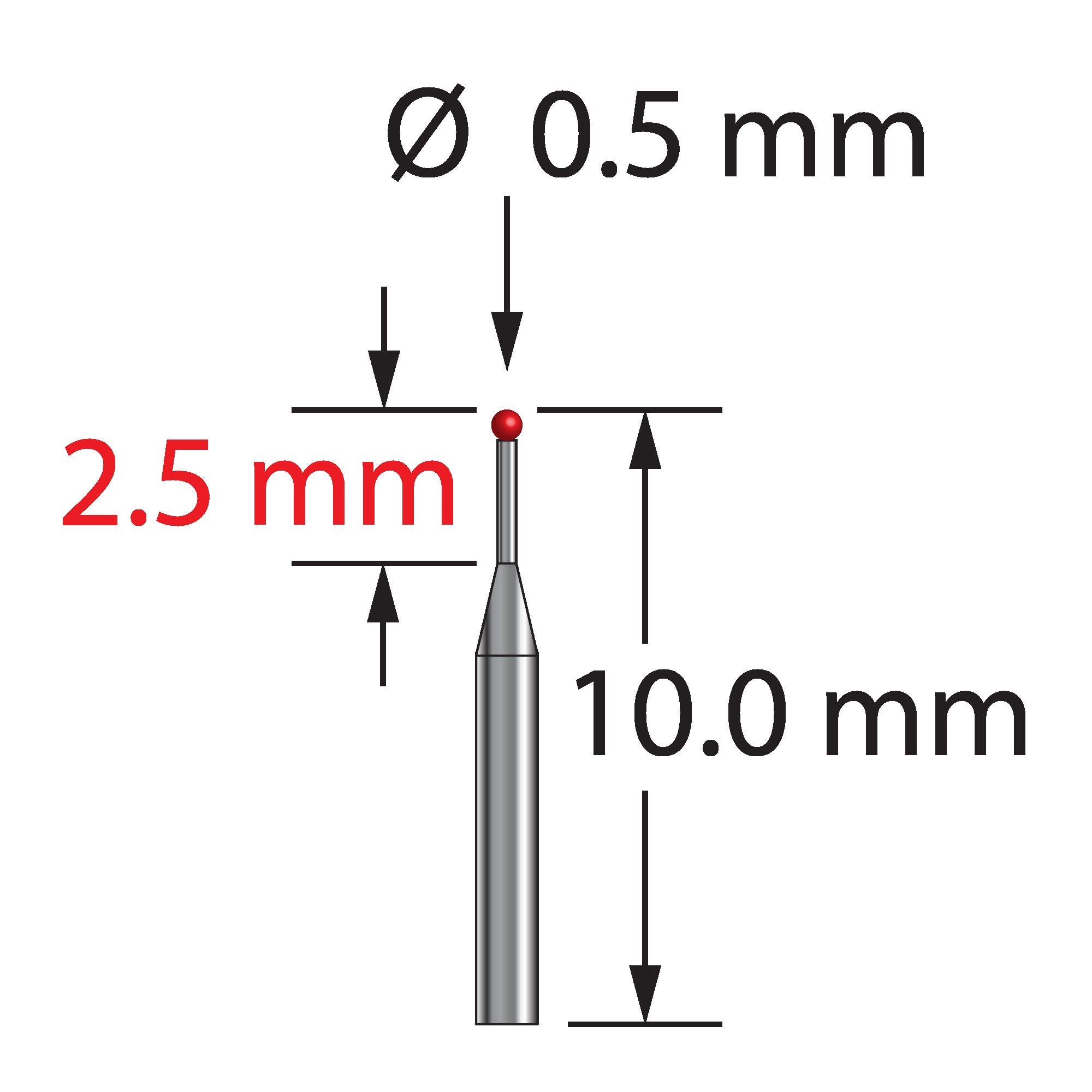 TST-0510-R unthreaded stylus with 0.5mm ruby ball and tapered carbide stem, 10mm long.