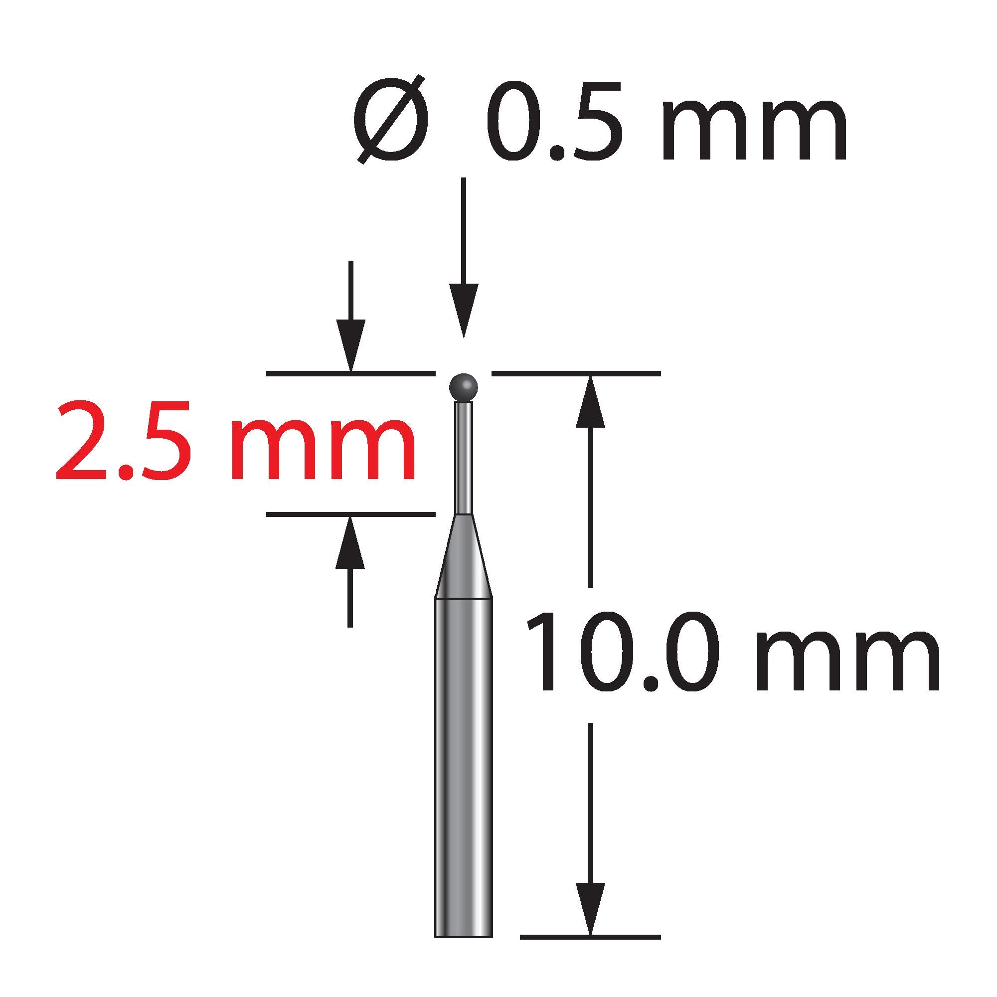 TST-0510-SN unthreaded stylus with 0.5mm silicon nitride ball and tapered carbide stem, 10.0mm long.