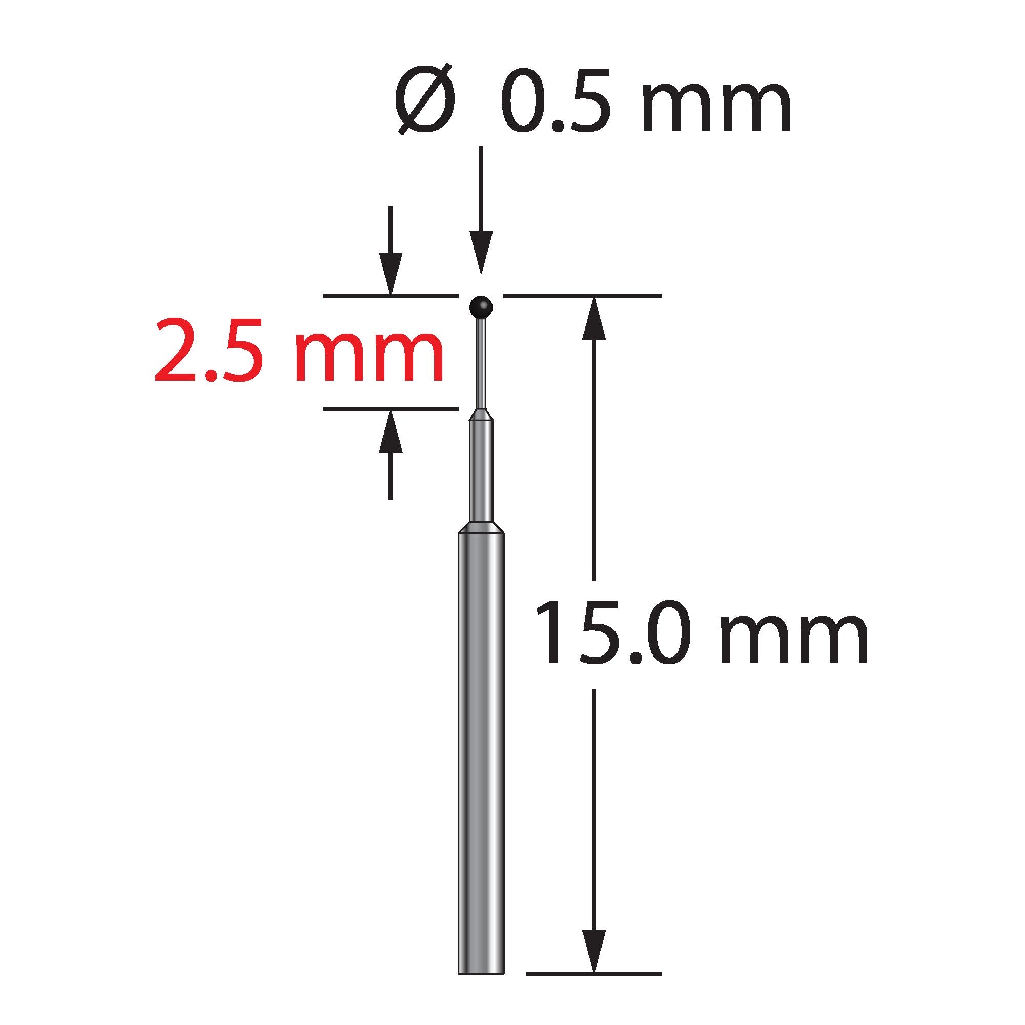 TST-0515-C unthreaded stylus with 0.5mm carbide ball and stepped carbide stem, 15.0mm long, by Q-Mark Manufacturing, Inc.