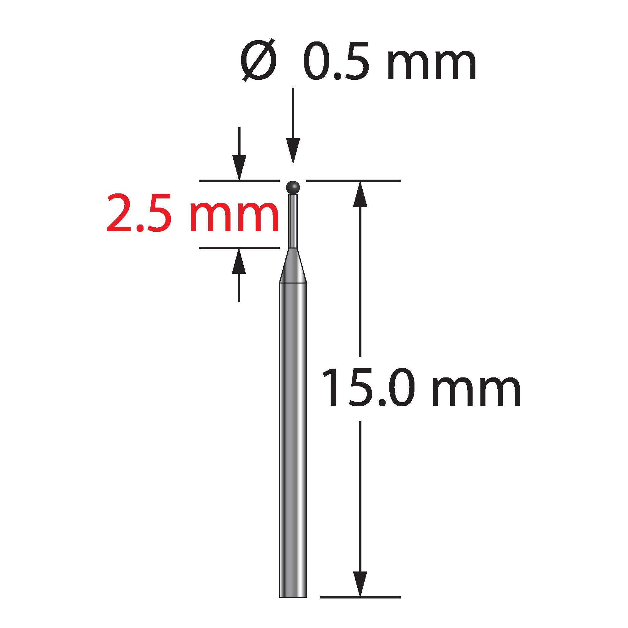 TST-0515-SN unthreaded stylus with 0.5mm silicon nitride ball and tapered carbide stem, 15.0mm long by Q-Mark Manufacturing, Inc.