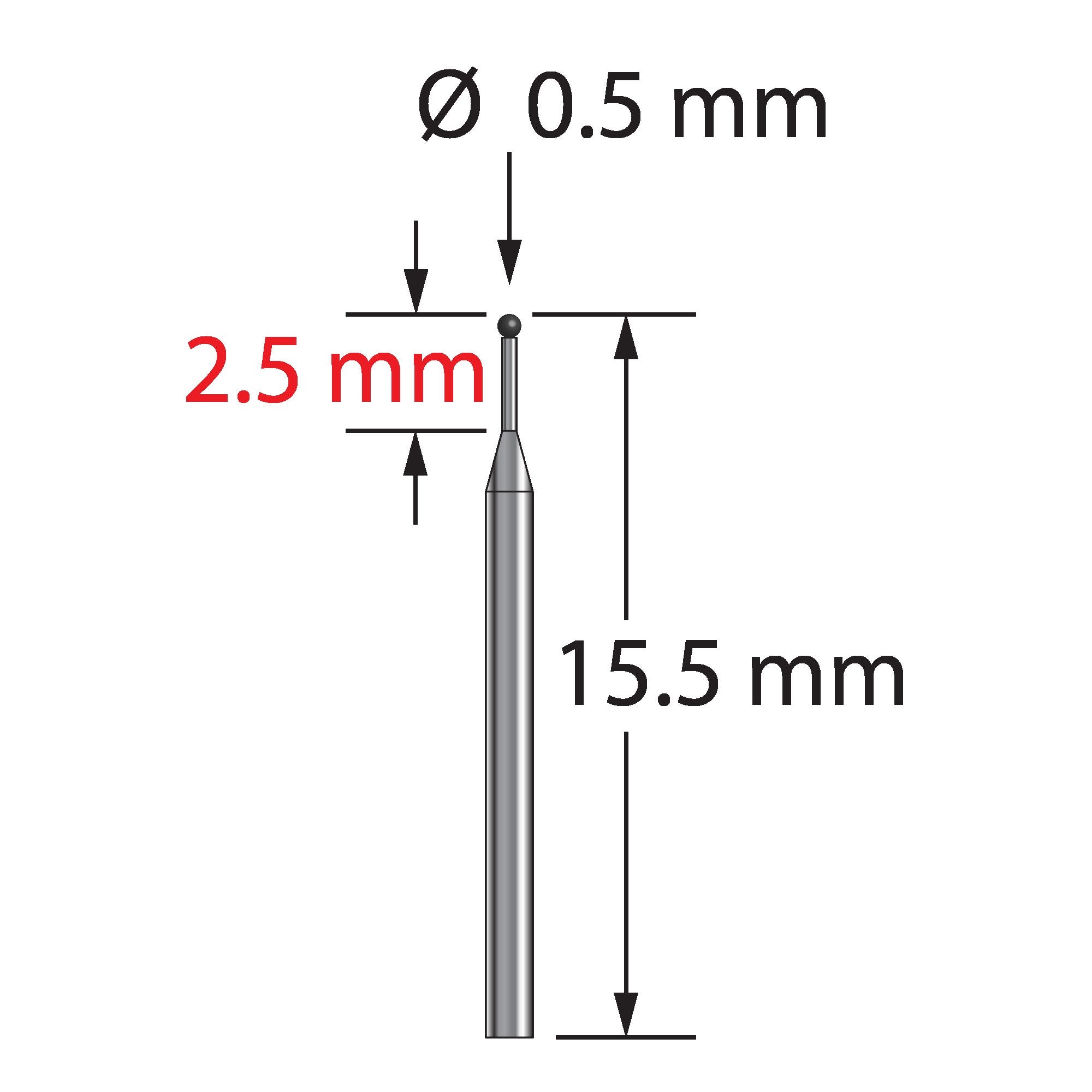 TST-0515.5-SN unthreaded stylus with 0.5mm silicon nitride ball and tapered carbide stem, 15.5mm long by Q-Mark Manufacturing, Inc.