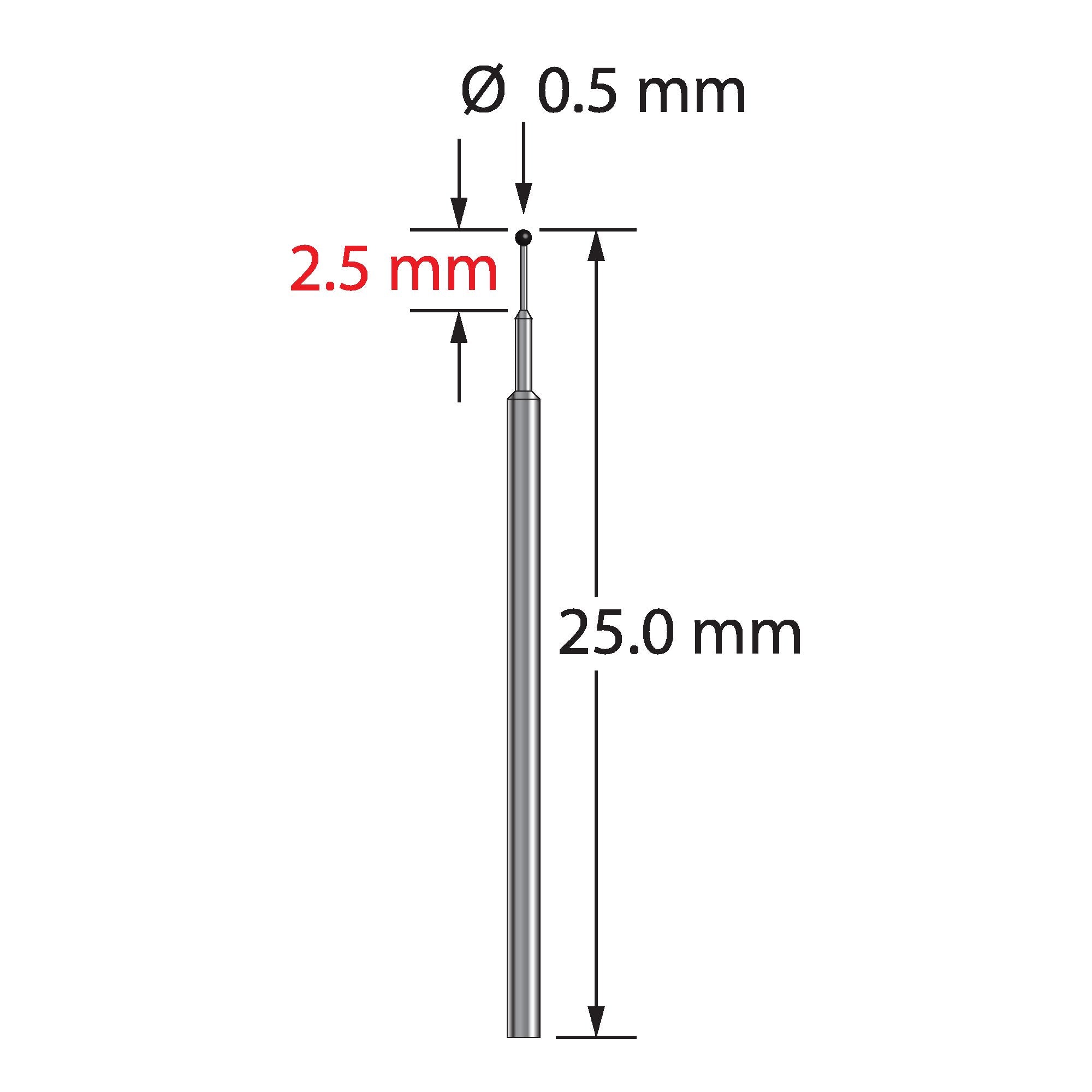 TST-0525-C unthreaded stylus with 0.5mm carbide ball and stepped carbide stem, 25mm long by Q-Mark Manufacturing, Inc.
