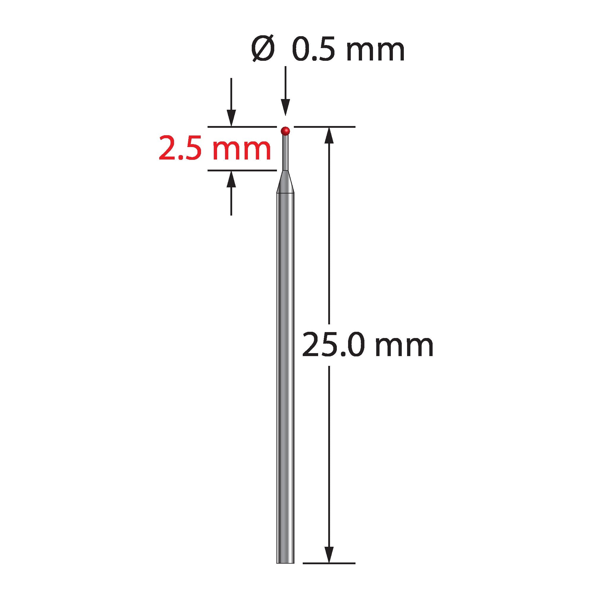 TST-0525-R unthreaded stylus with 0.5mm ruby ball and tapered carbide stem, 25mm long, by Q-Mark Manufacturing, Inc.