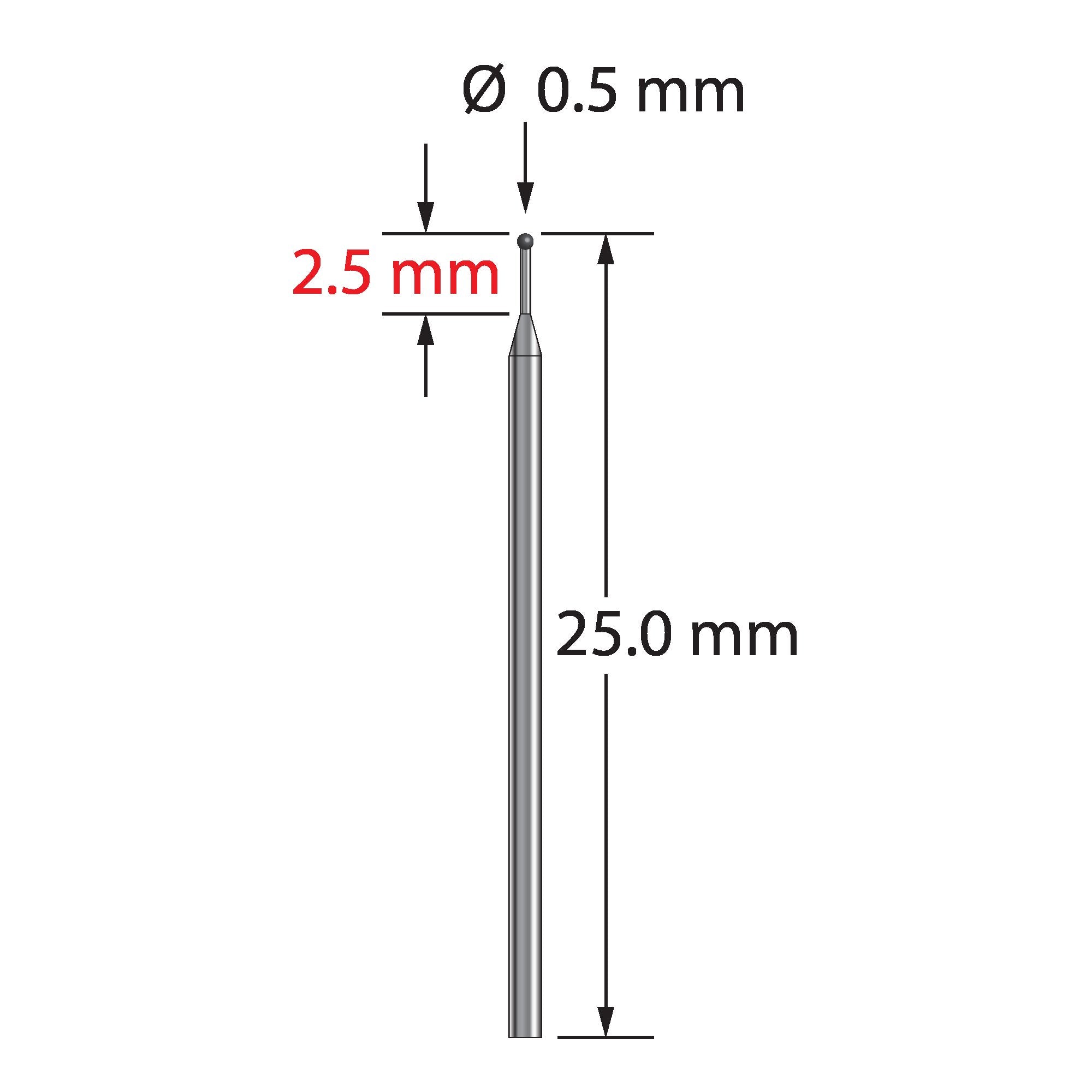 TST-0525-SN unthreaded stylus with 0.5mm silicon nitride ball and tapered carbide stem, 25.0mm long by Q-Mark Manufacturing, Inc.