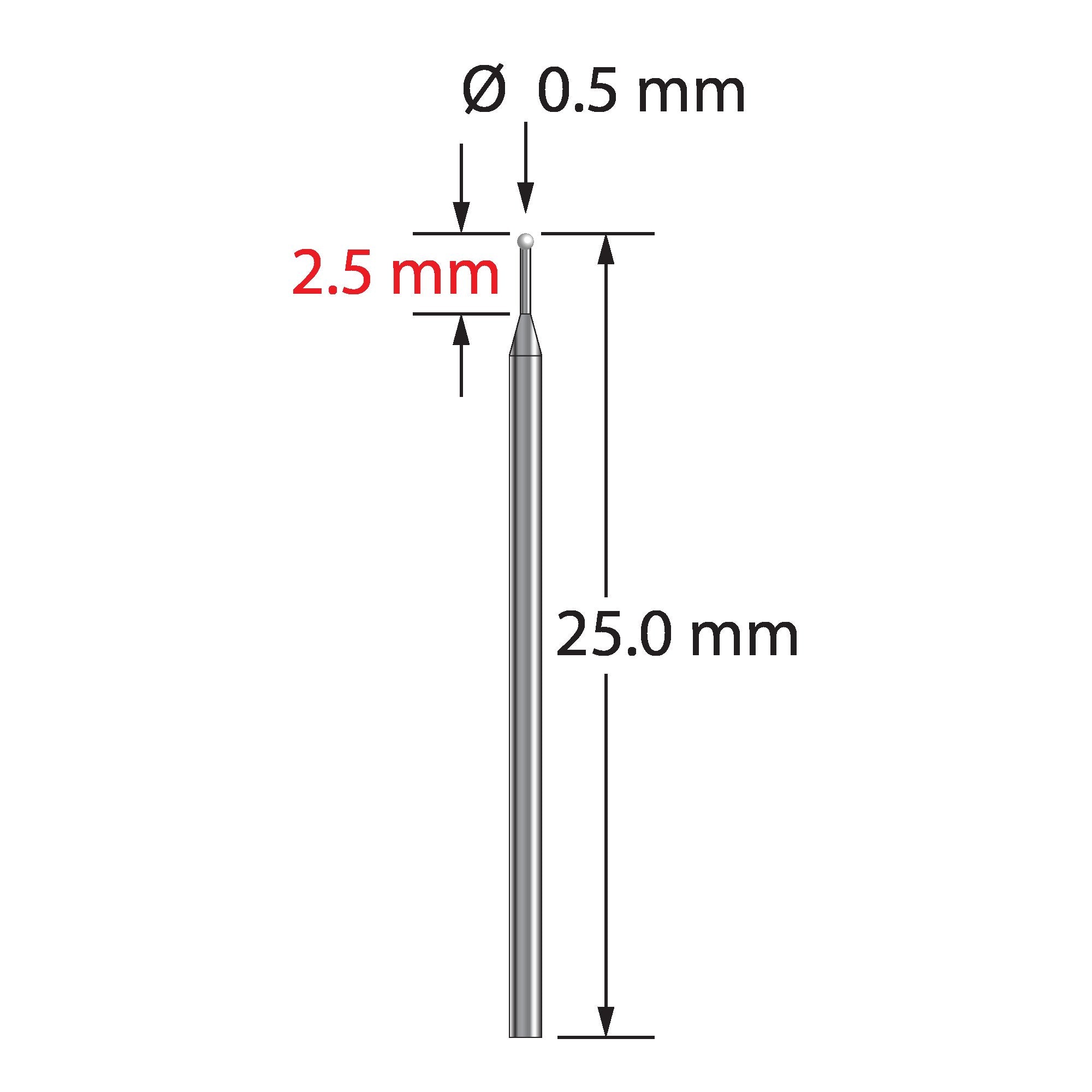 TST-0525-Z unthreaded stylus with 0.5mm zirconia ball and tapered carbide stem, 25.0mm long by Q-Mark Manufacturing, Inc.