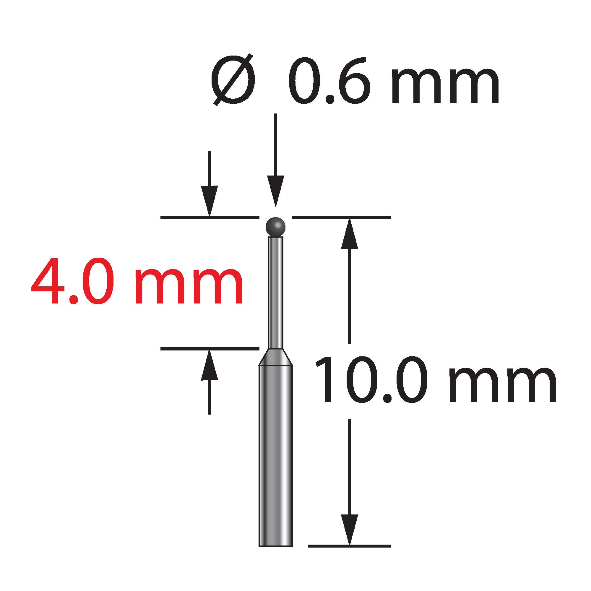 TST-0610-C unthreaded stylus with 0.6mm carbide ball and tapered carbide stem, 10.0mm long by Q-Mark Manufacturing, Inc.