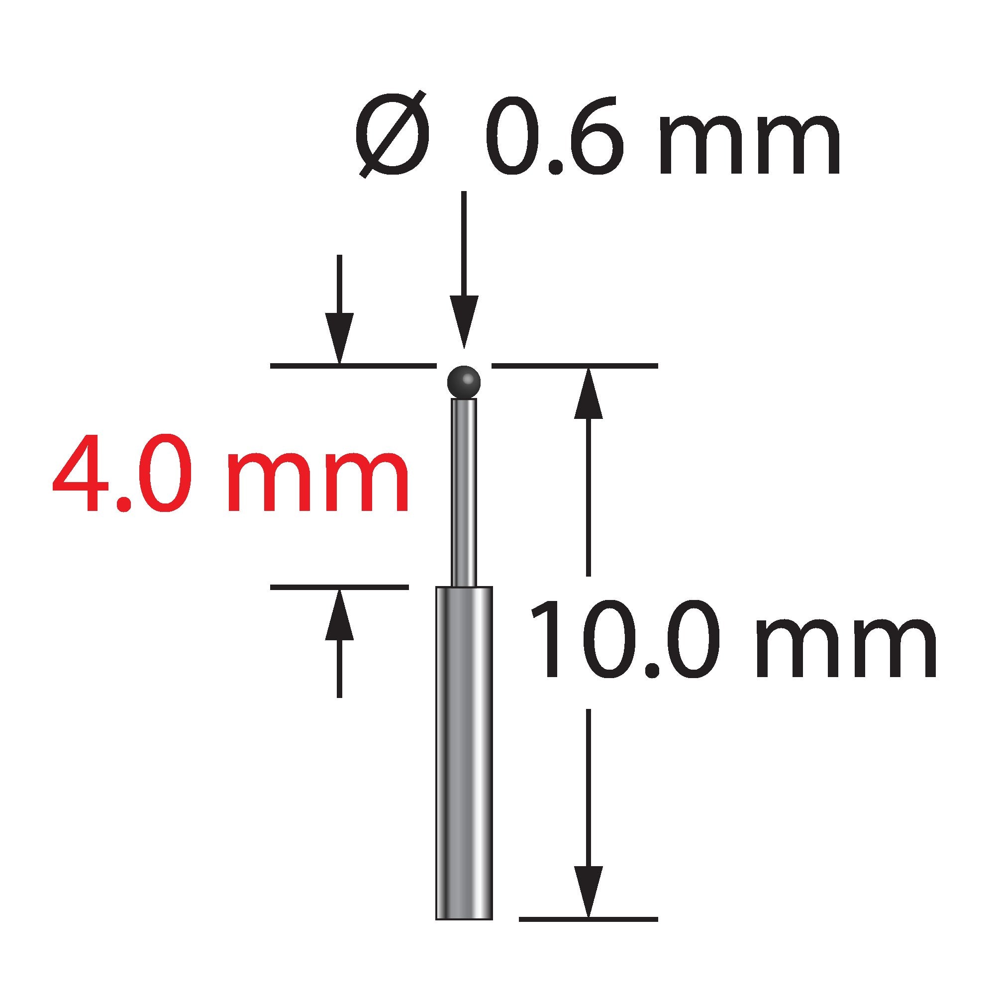 TST-0610-SN 0.6mm silicon nitride ball stylus with stepped carbide stem, 10.0mm long by Q-Mark Manufacturing, Inc.