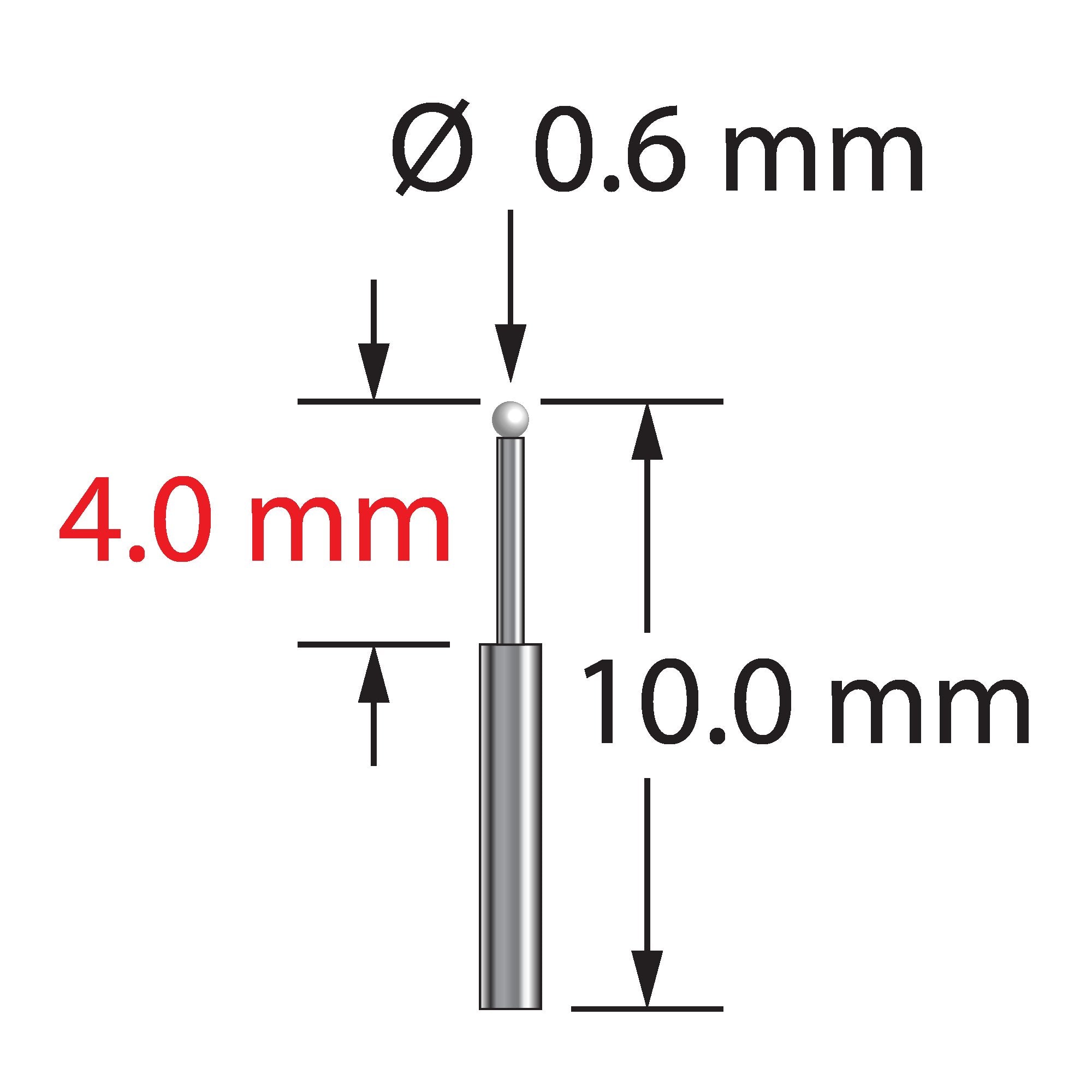 TST-0610-Z unthreaded stylus with 0.6mm zirconia ball and stepped carbide stem, 10.0mm long by Q-Mark Manufacturing, Inc.