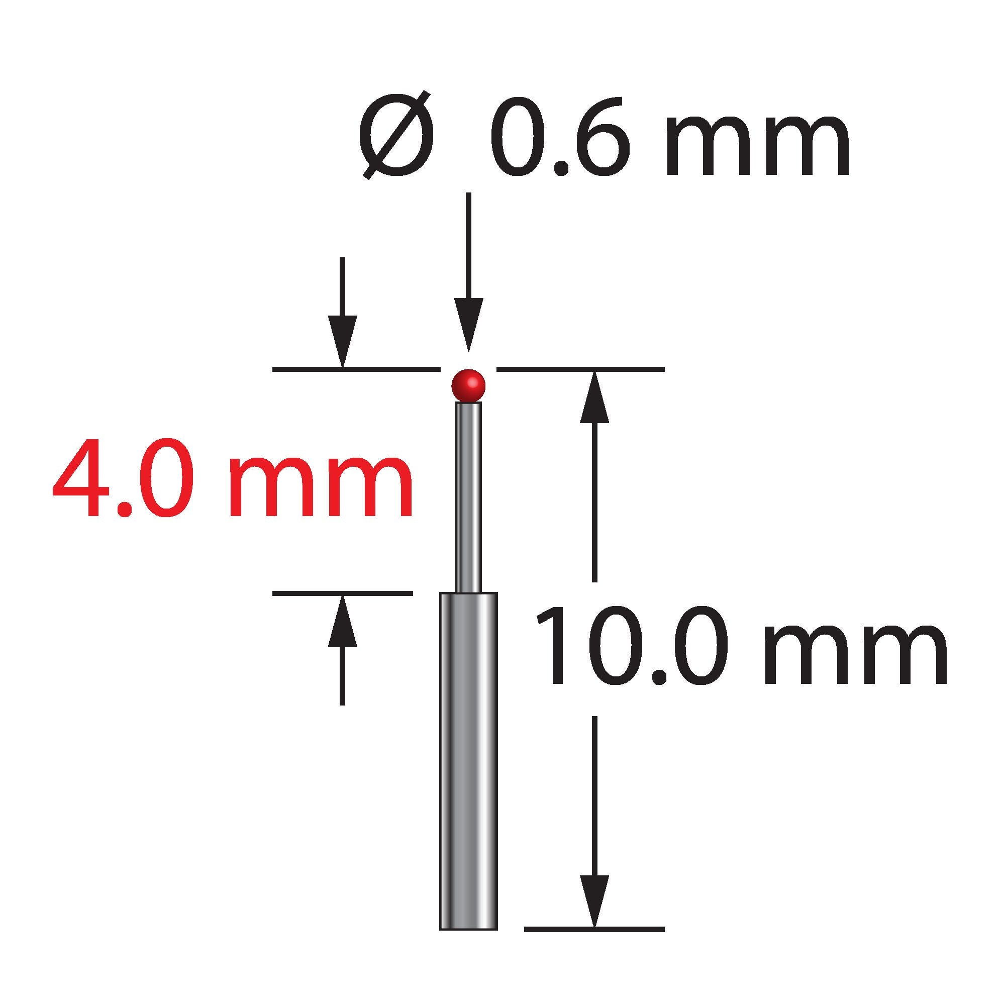 TST-0610 unthreaded stylus with 0.6mm ruby ball and stepped carbide stem, 10.0mm long by Q-Mark Manufacturing, Inc.