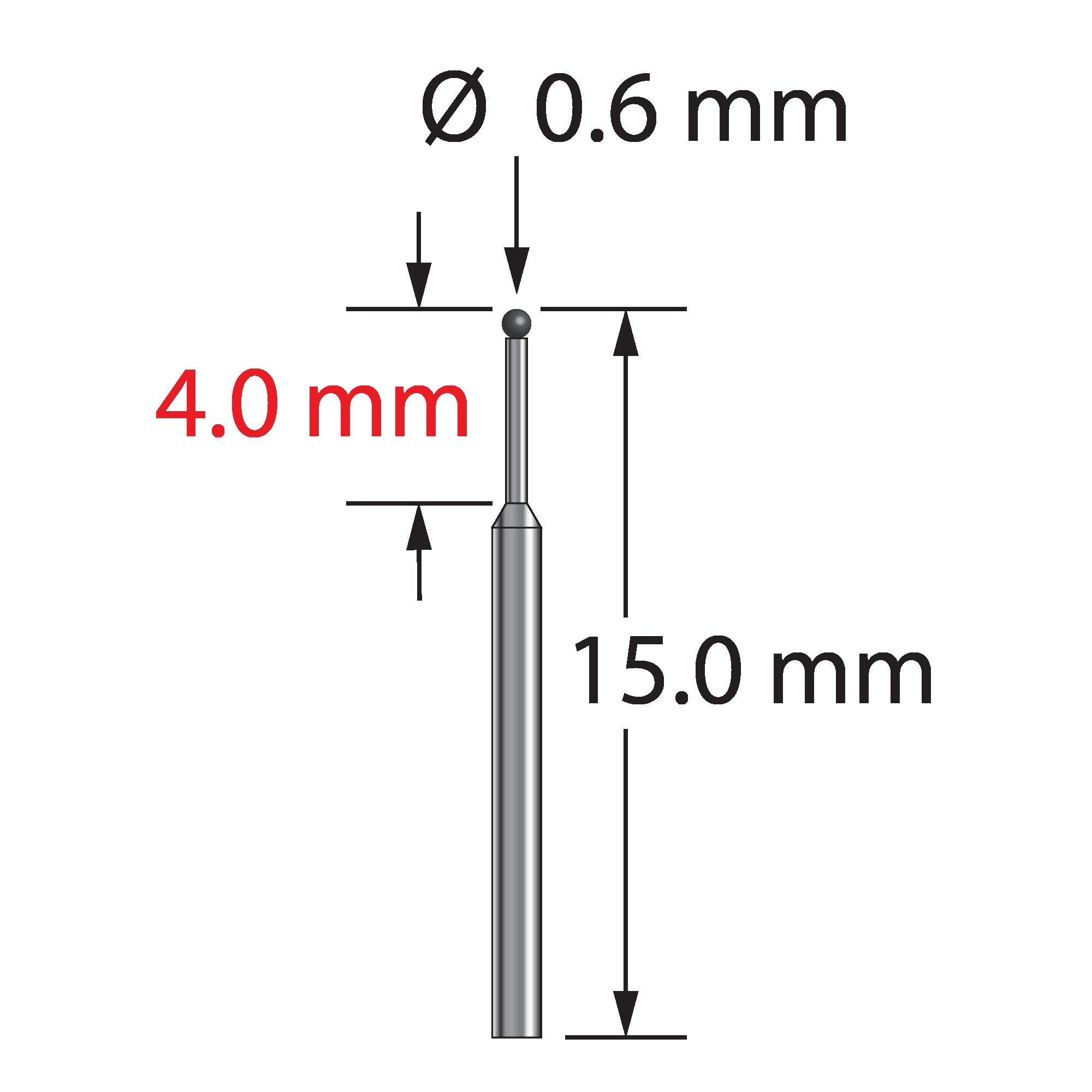 TST-0615-C unthreaded stylus with 0.6mm carbide ball and stepped carbide stem, 15mm long by Q-Mark Manufacturing, Inc.