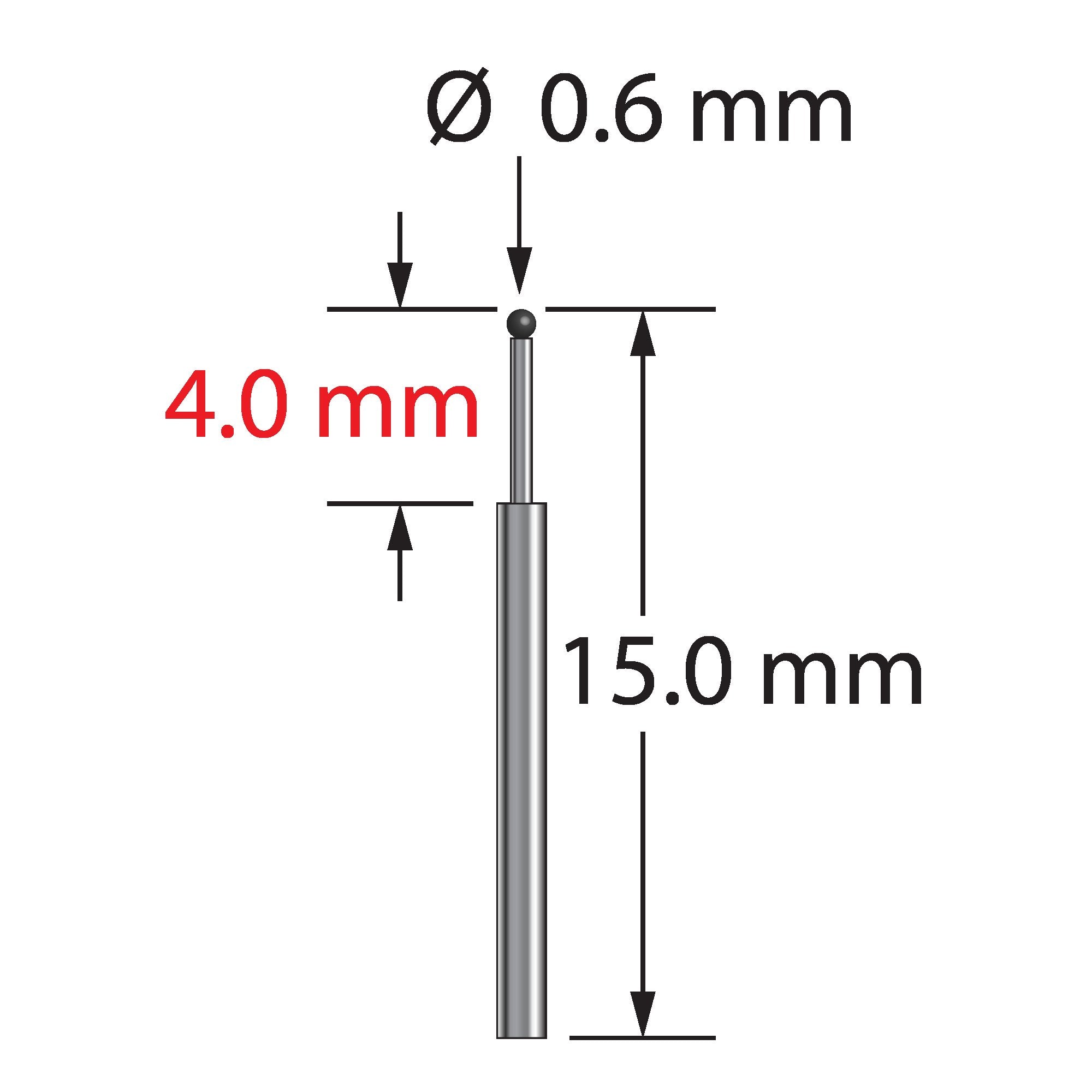TST-0615-SN 0.6mm silicon nitride ball stylus with stepped carbide stem, 15.0mm length by Q-Mark Manufacturing, Inc.