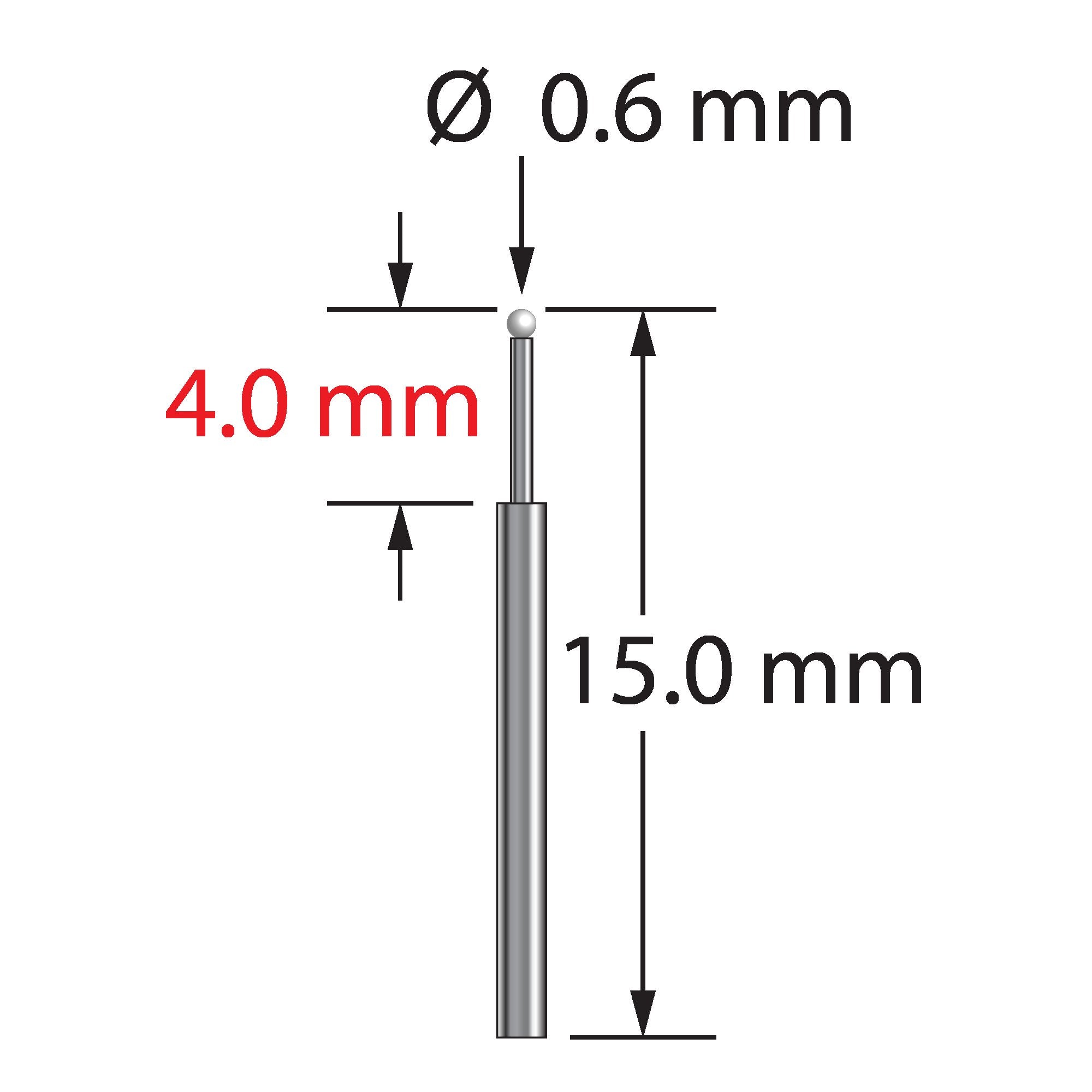 TST-0615-Z unthreaded stylus with 0.6mm zirconia ball, stepped carbide stem, 15mm long by Q-Mark Manufacturing, Inc.