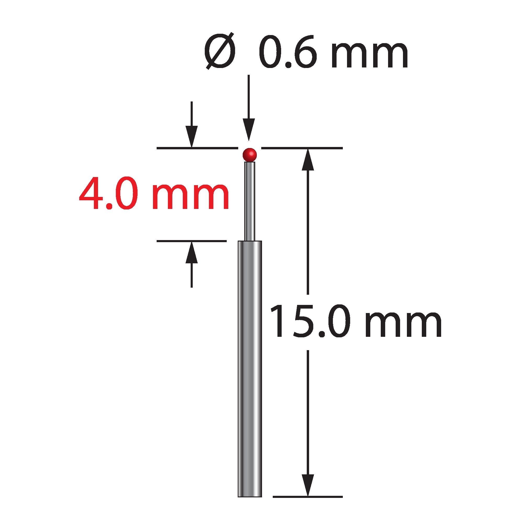 TST-0615 unthreaded stylus with 0.6mm ruby ball, stepped carbide stem, 15mm long by Q-Mark Manufacturing, Inc.