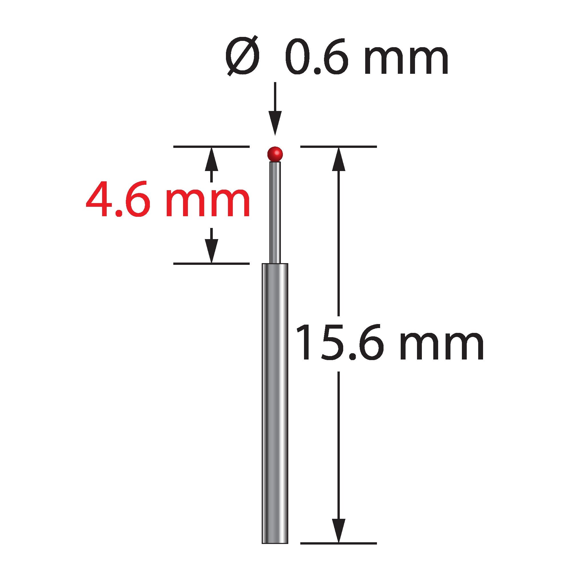 TST-0615.6-TX unthreaded stylus with 0.6mm ruby ball and stepped carbide stem, 15.6mm long by Q-Mark Manufacturing, Inc.