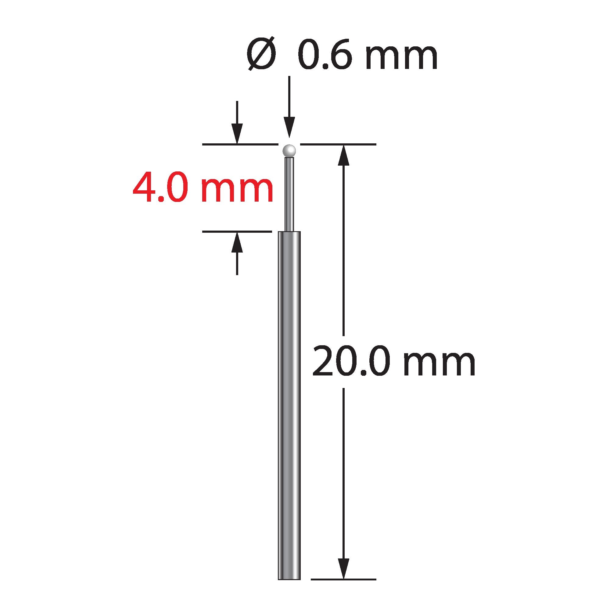 TST-0620-Z 0.6mm zirconia ball, stepped carbide stem, 20.0mm length by Q-Mark Manufacturing, Inc.