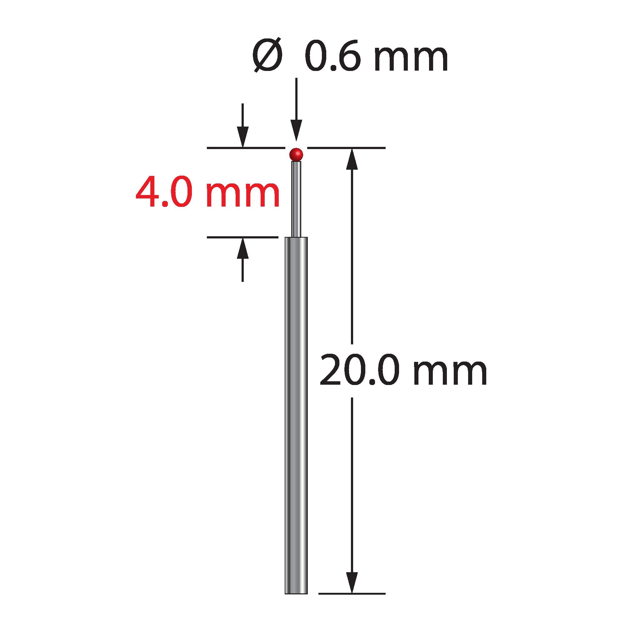 TST-0620 unthreaded stylus with 0.6mm ruby ball, stepped carbide stem, 20mm length by Q-Mark Manufacturing, Inc.
