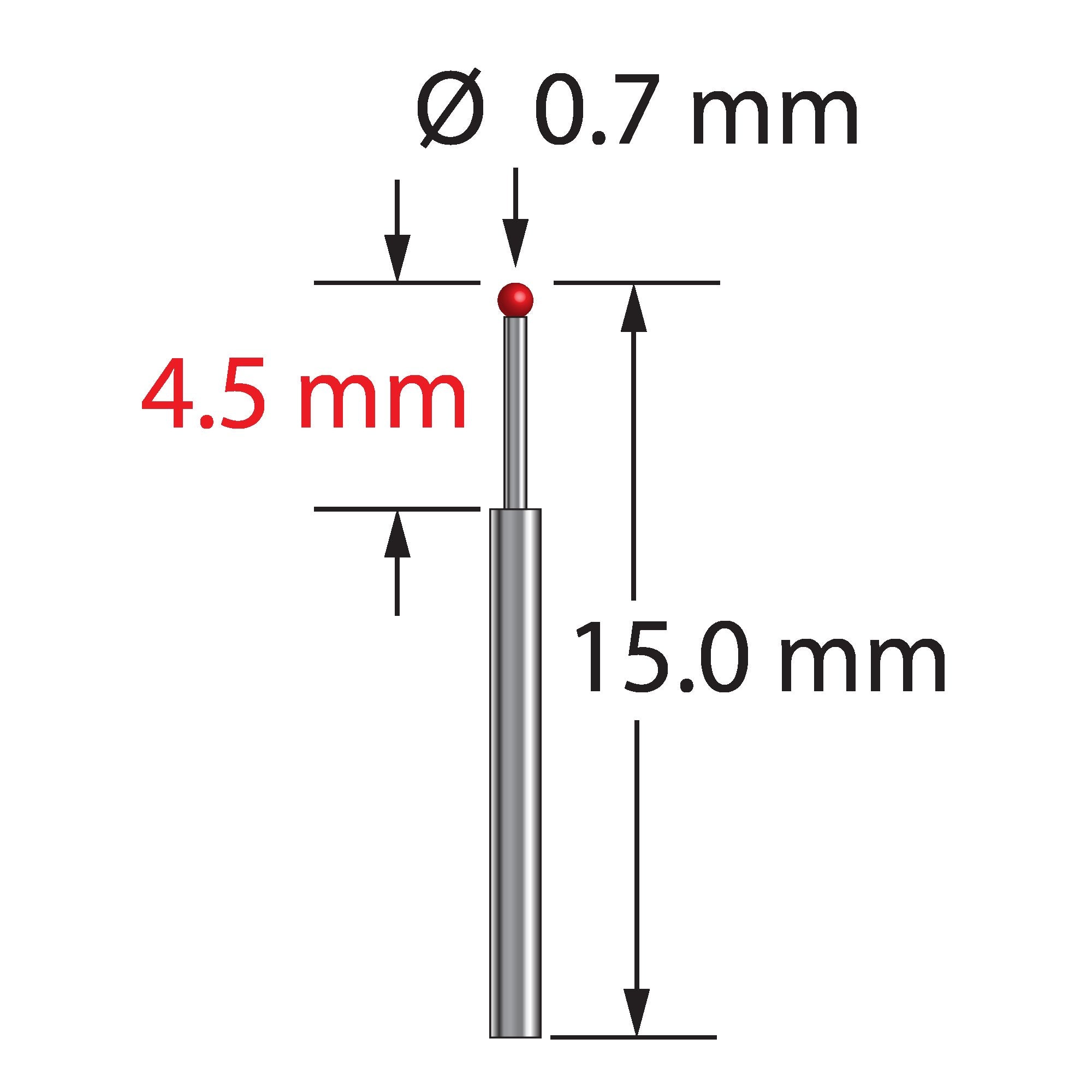TST-0715 unthreaded stylus with 0.7mm ruby ball, stepped carbide stem, 15.0mm long by Q-Mark Manufacturing, Inc.
