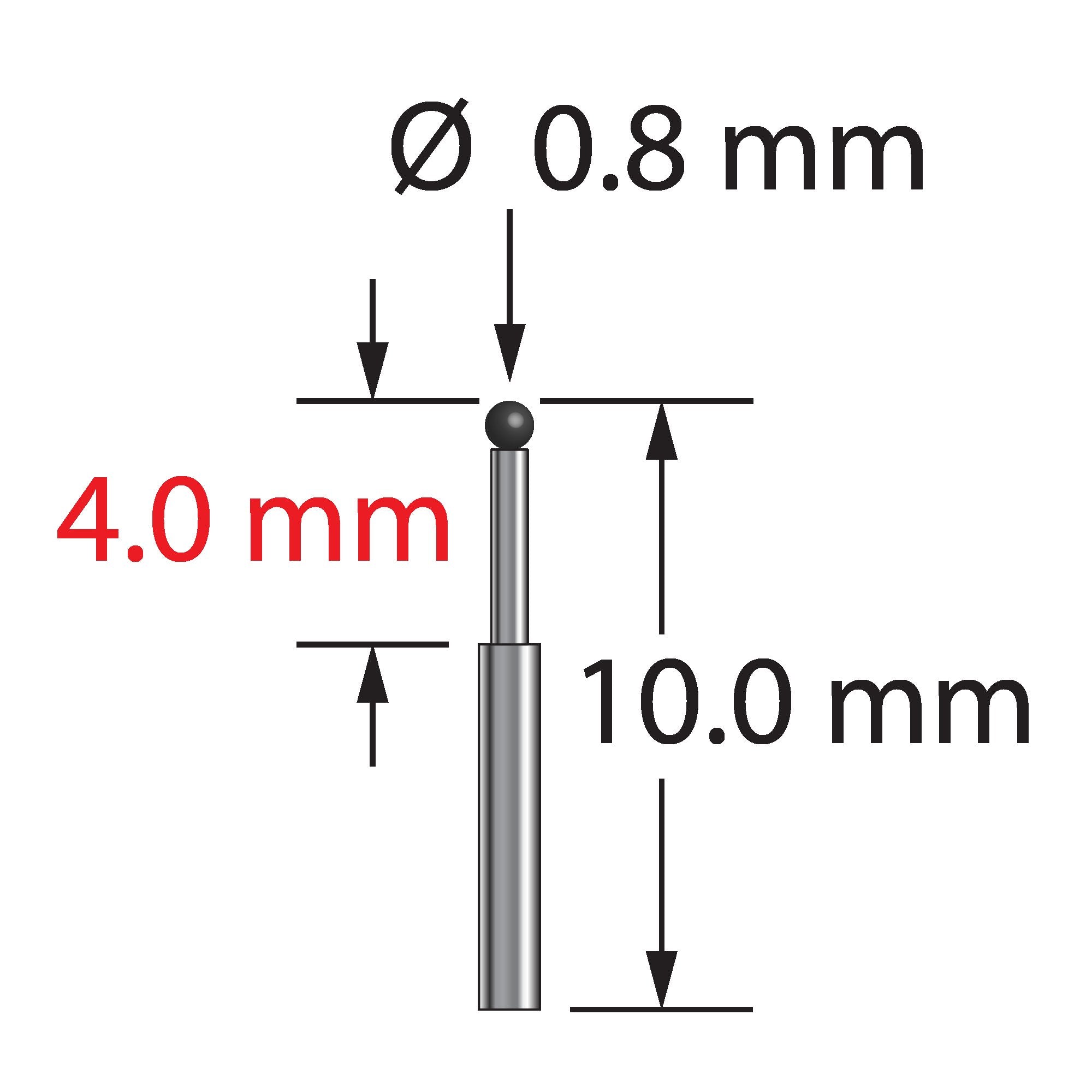 TST-0810-C unthreaded stylus with 0.8mm carbide ball and stepped carbide stem, 10.0mm long by Q-Mark Manufacturing, Inc.