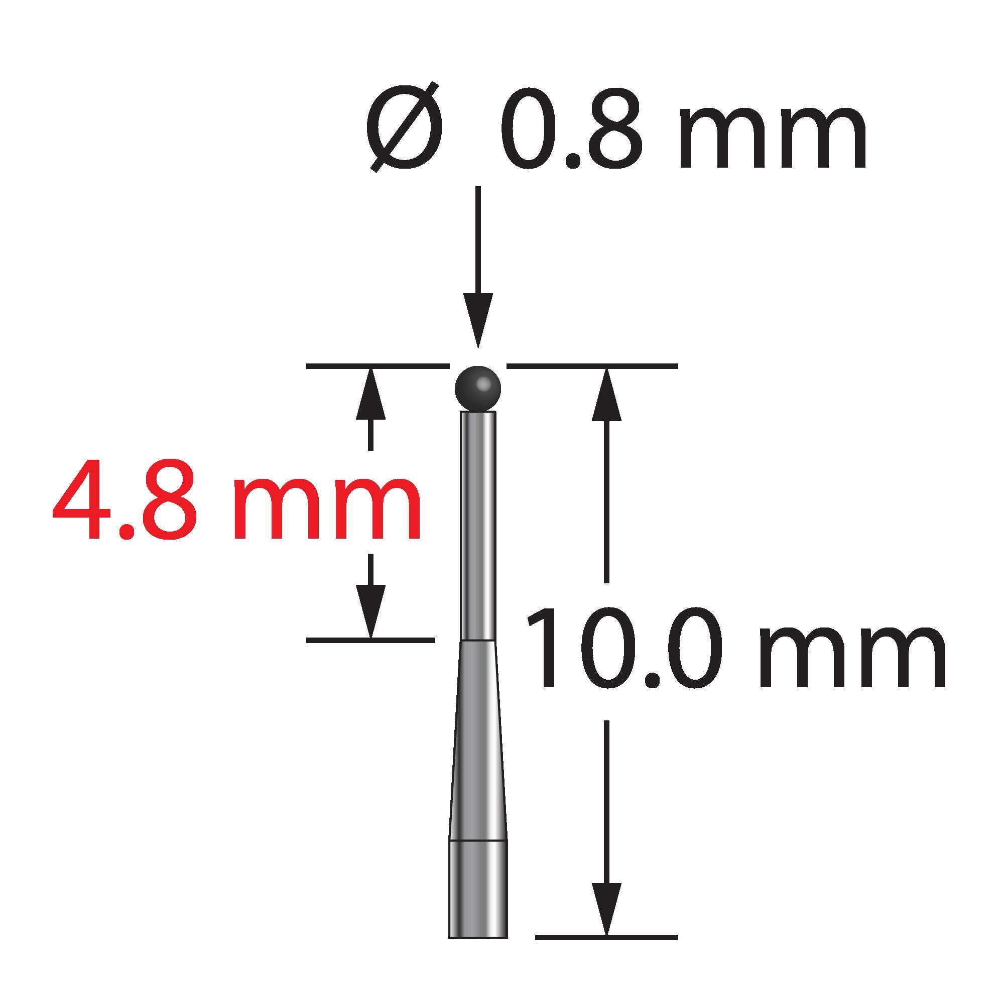 TST-0810-T-SN unthreaded stylus with 0.8mm silicon nitride ball and tapered carbide stem, 10mm long.