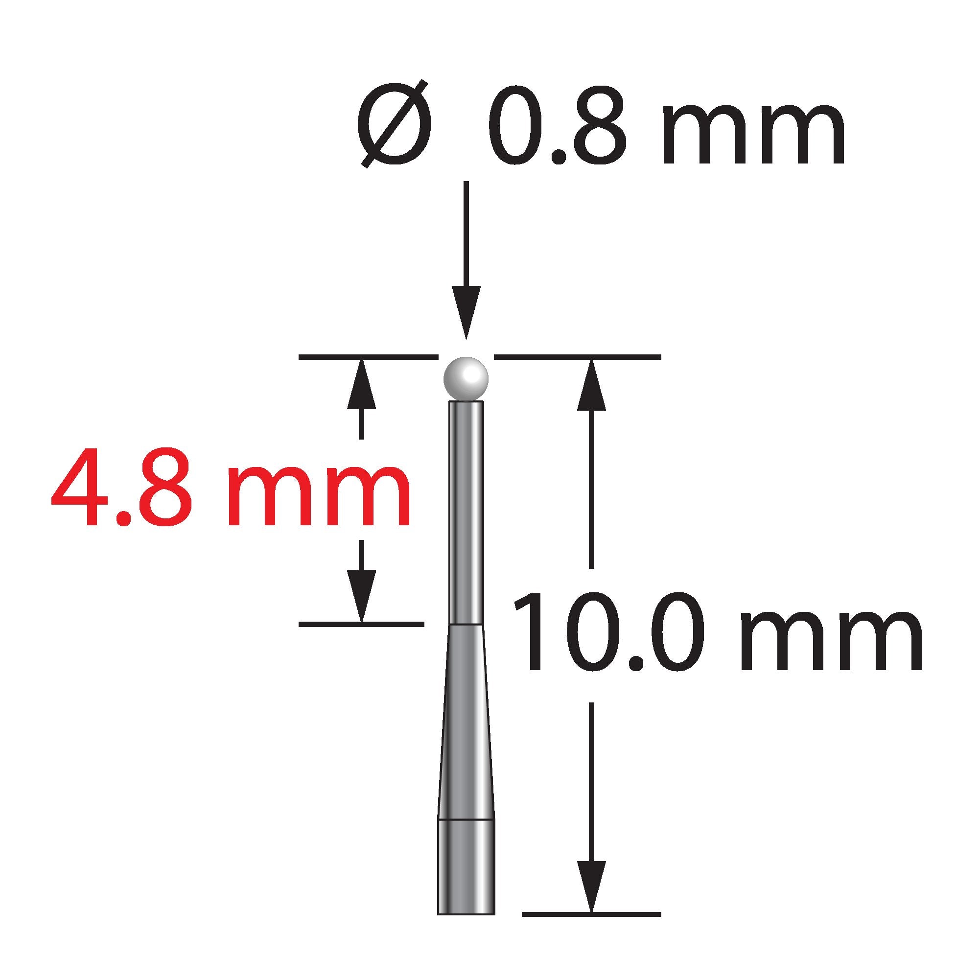 TST-0810-T-Z unthreaded stylus with 0.8mm zirconia ball and tapered carbide stem, 10.0mm long by Q-Mark Manufacturing, Inc.