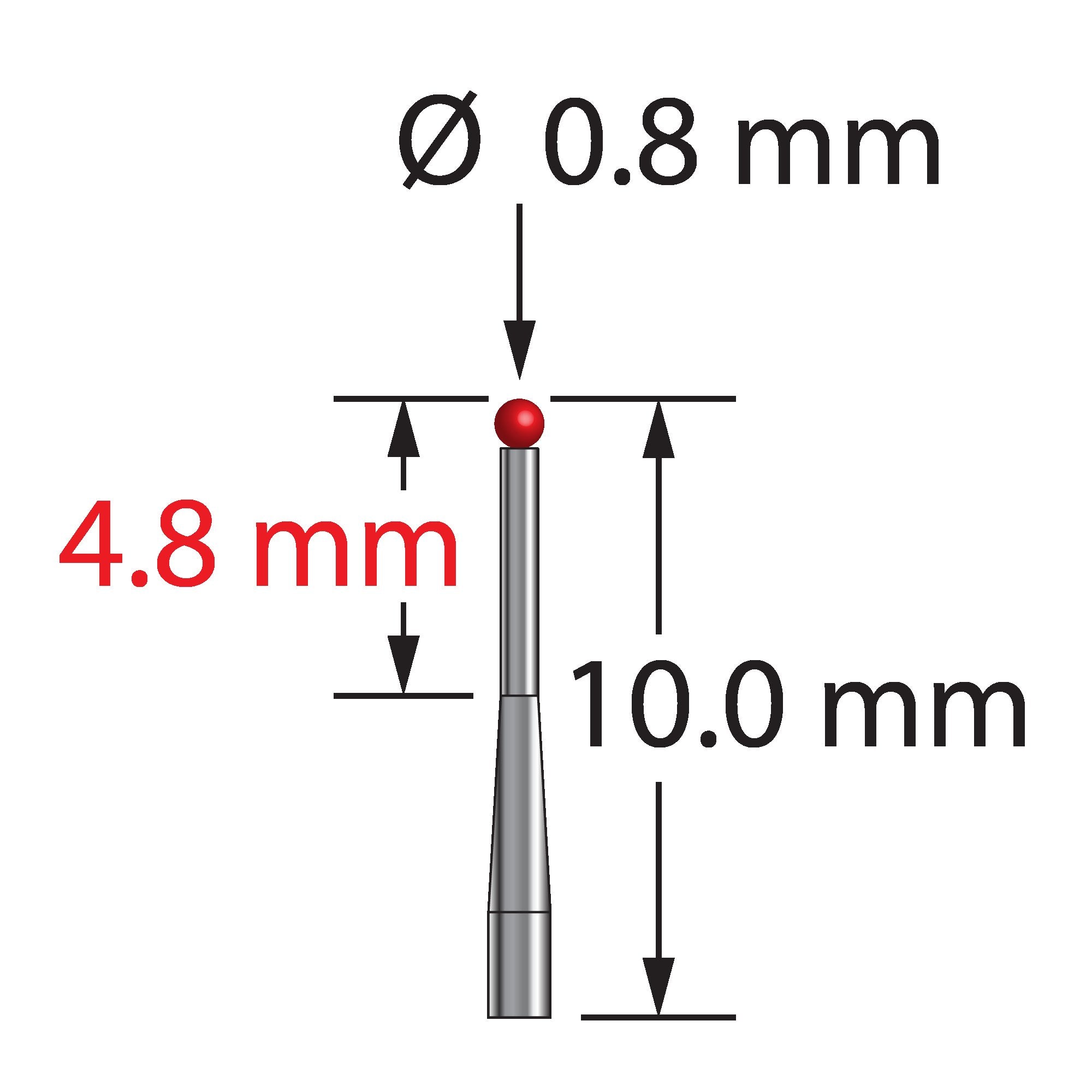 TST-0810-T unthreaded stylus with 0.8mm ruby ball, tapered carbide stem, 10mm length by Q-Mark Manufacturing, Inc.