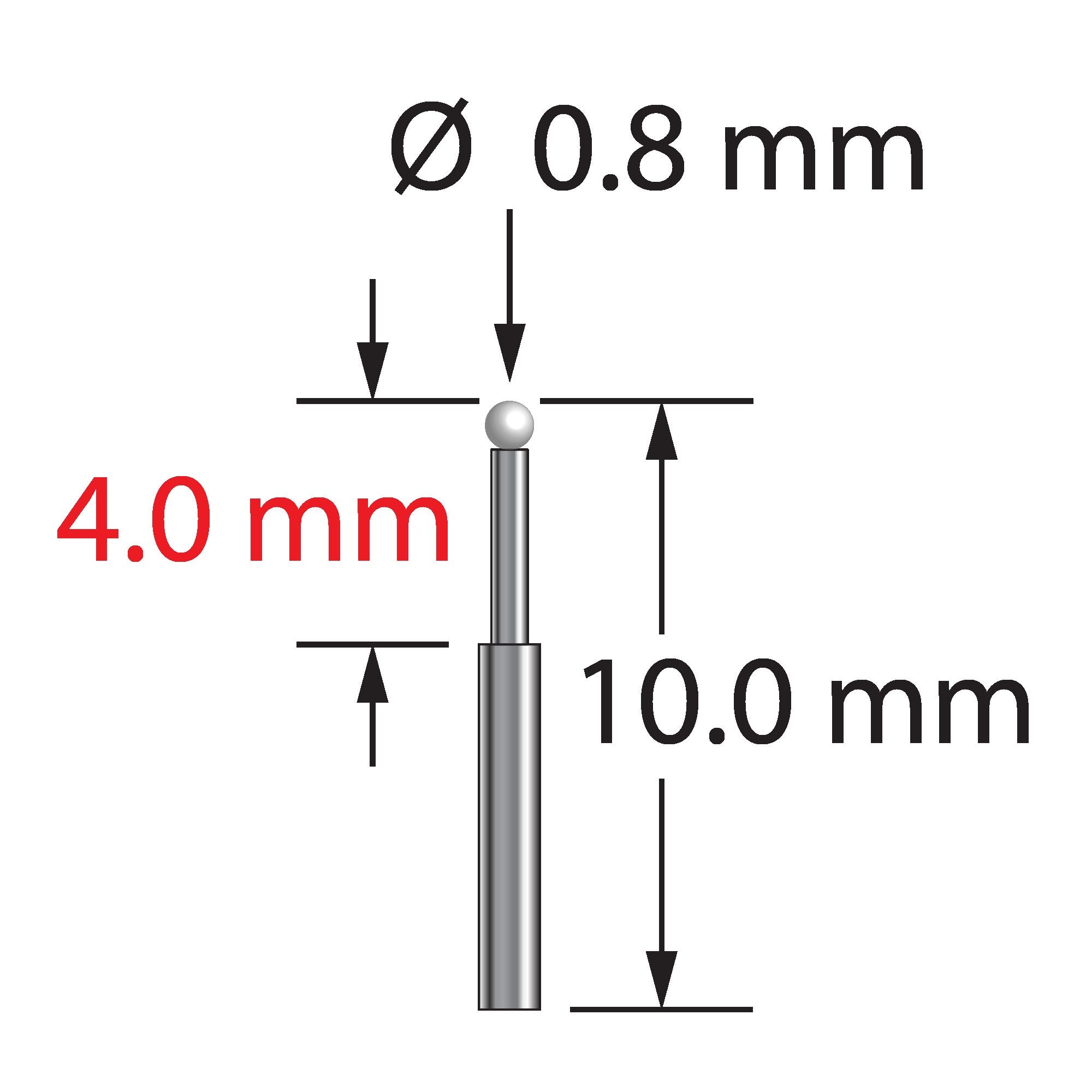 TST-0810-Z unthreaded stylus with 0.8mm zirconia ball and stepped carbide stem, 10mm long.