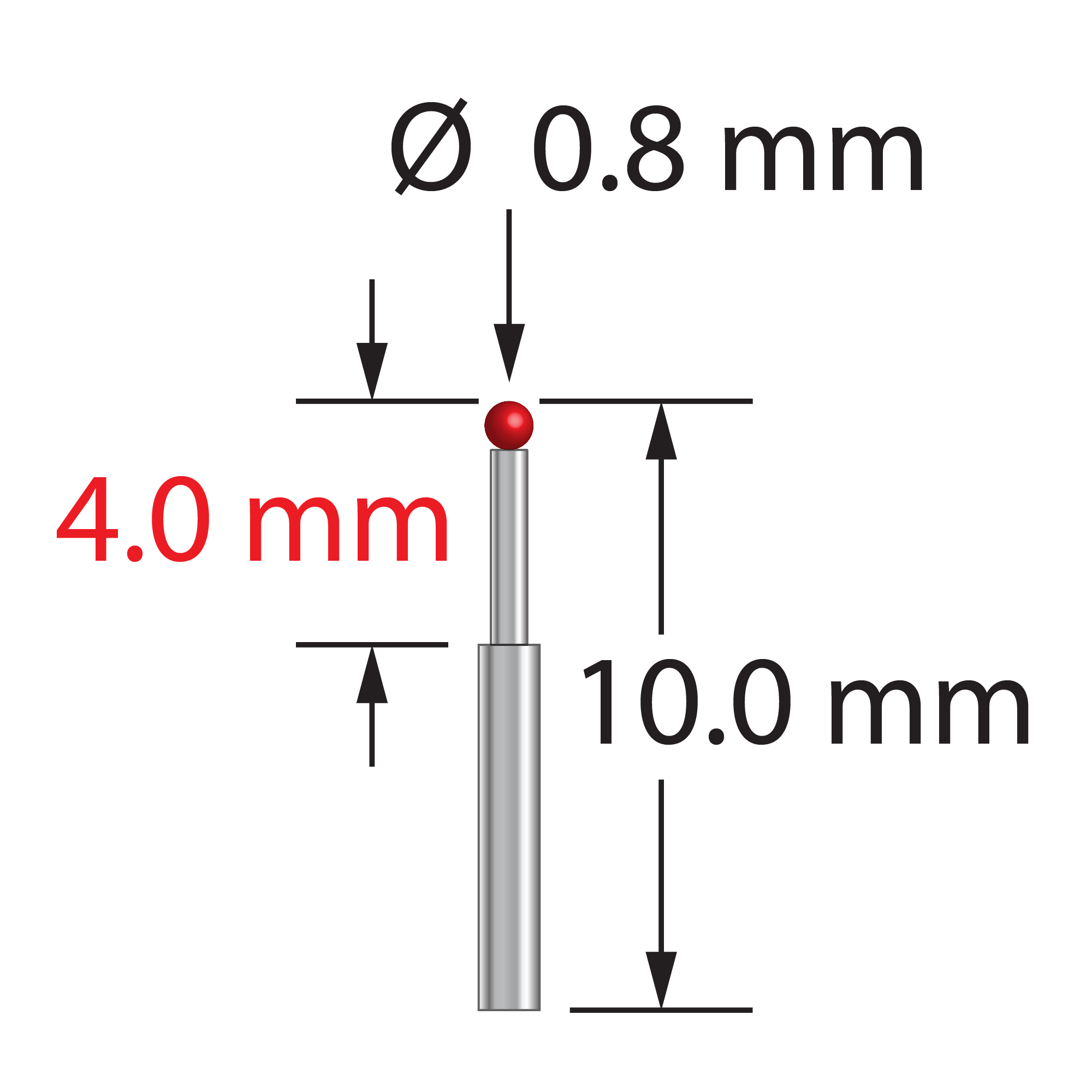 TST-0810 unthreaded stylus with 0.8mm ruby ball and stepped carbide stem, 10.0mm long, by Q-Mark Manufacturing, Inc.