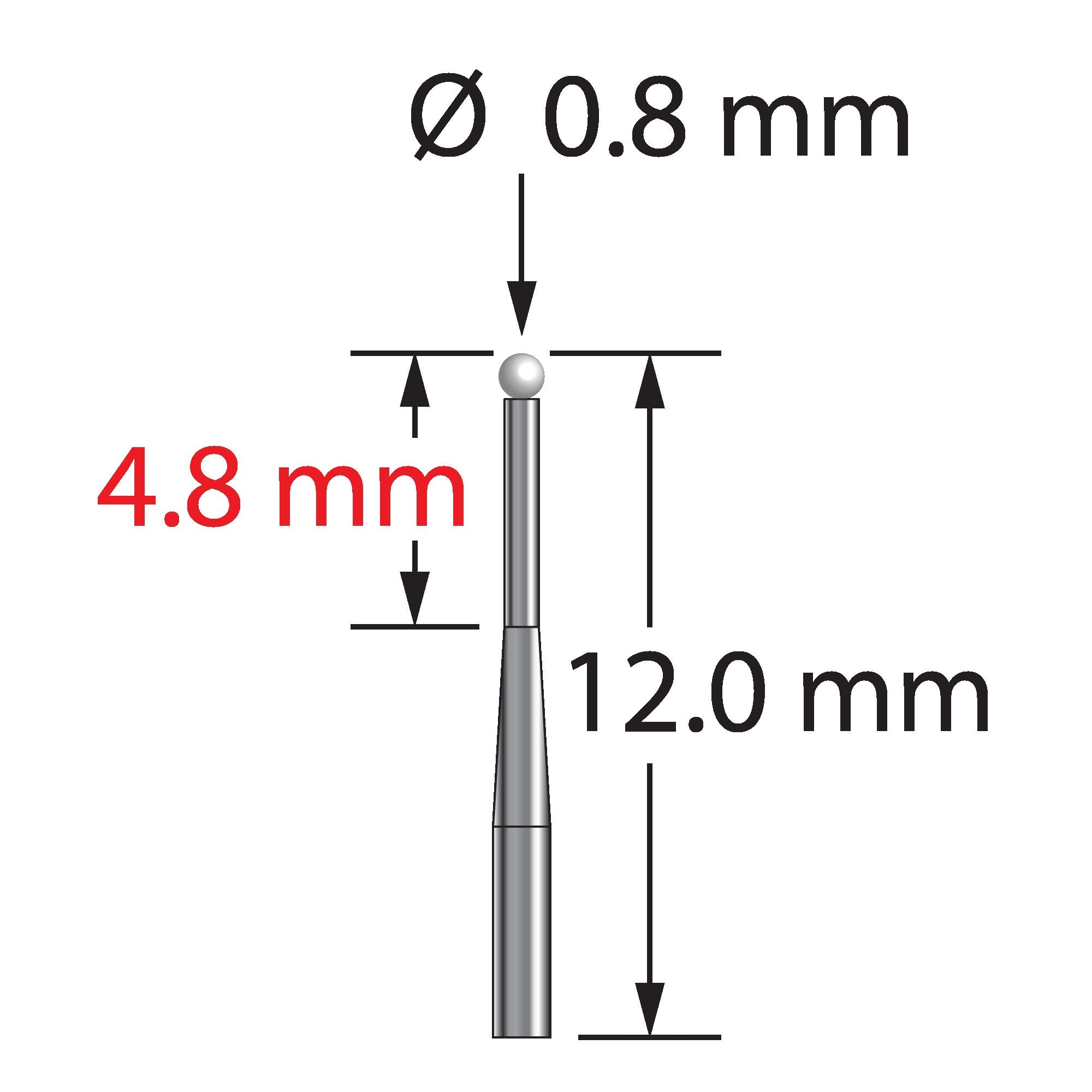 TST-0812-T-Z unthreaded stylus with 0.8mm zirconia ball and tapered carbide stem, 12.0mm length by Q-Mark Manufacturing, Inc.