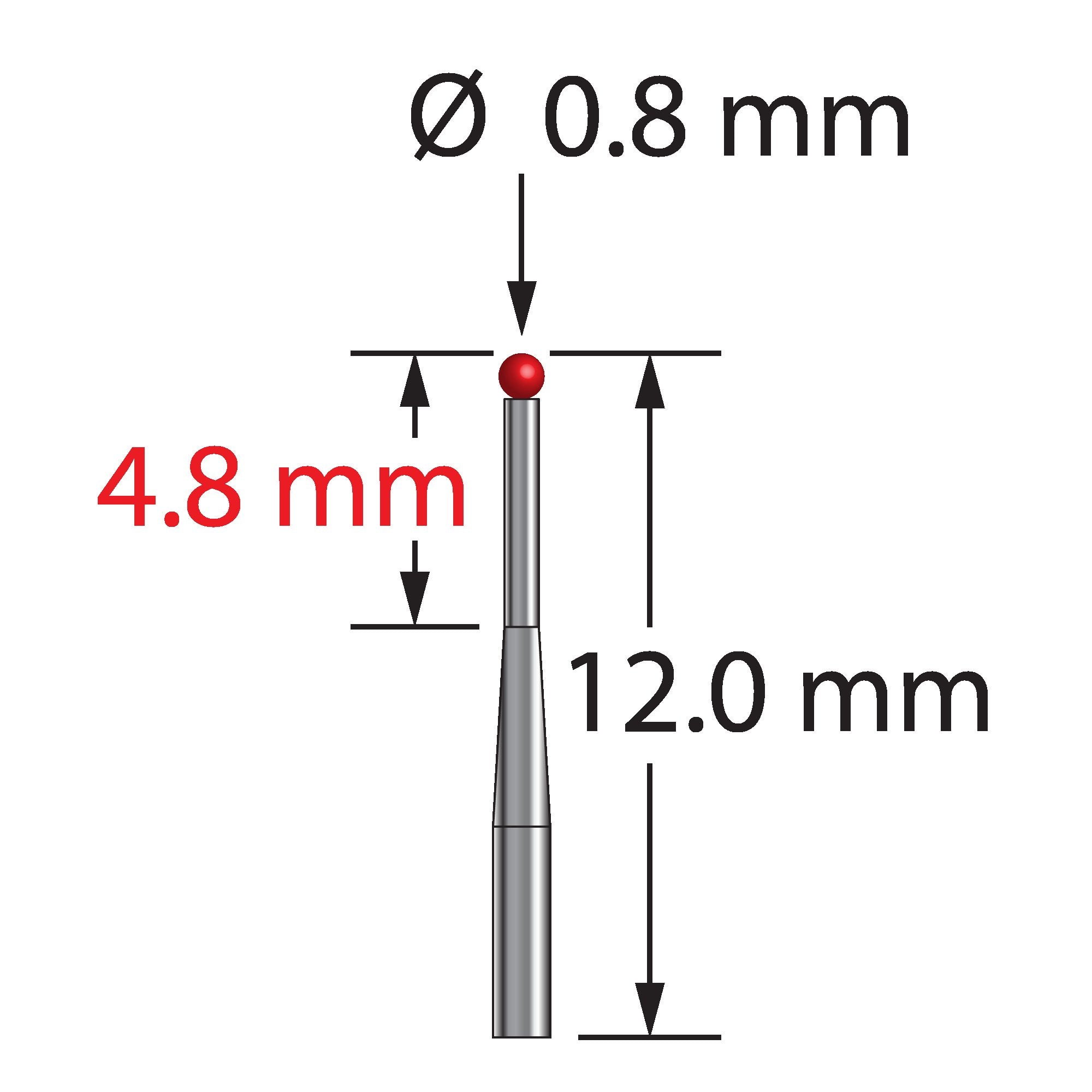 TST-0812-T unthreaded stylus with 0.8mm ruby ball and tapered carbide stem, 12.0mm long by Q-Mark Manufacturing, Inc.