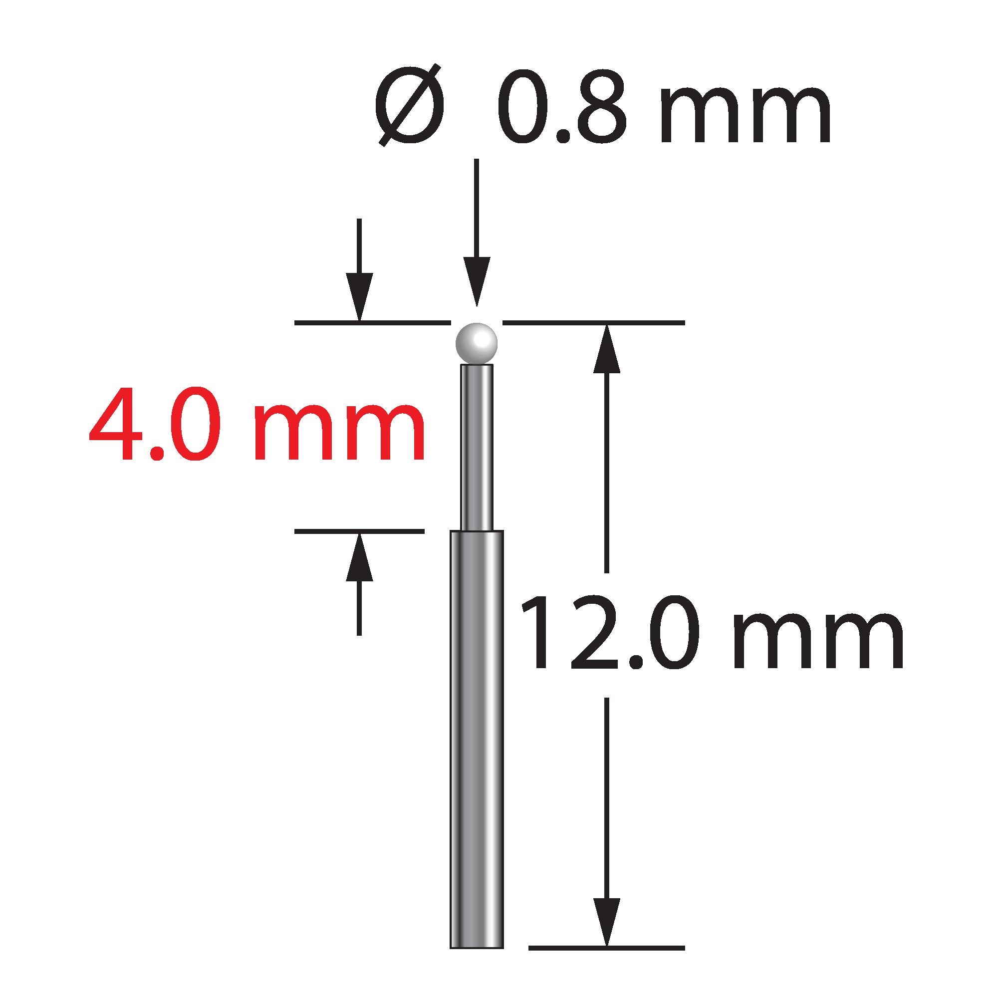 TST-0812-Z unthreaded stylus with 0.8mm zirconia ball and stepped carbide stem, 12.0mm long.