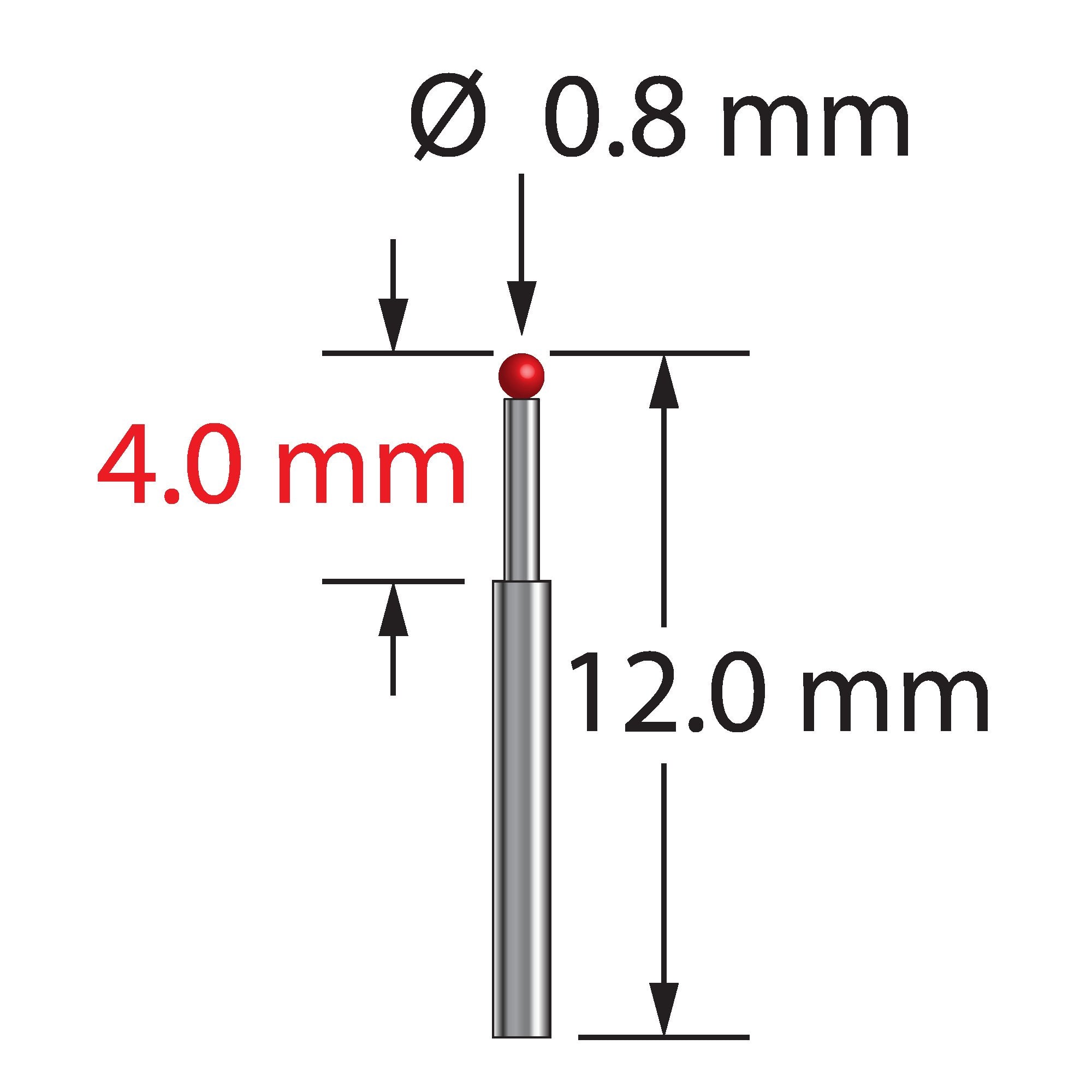 TST-0812 unthreaded stylus with 0.8mm ruby ball, stepped carbide stem, 12.0mm length by Q-Mark Manufacturing, Inc.