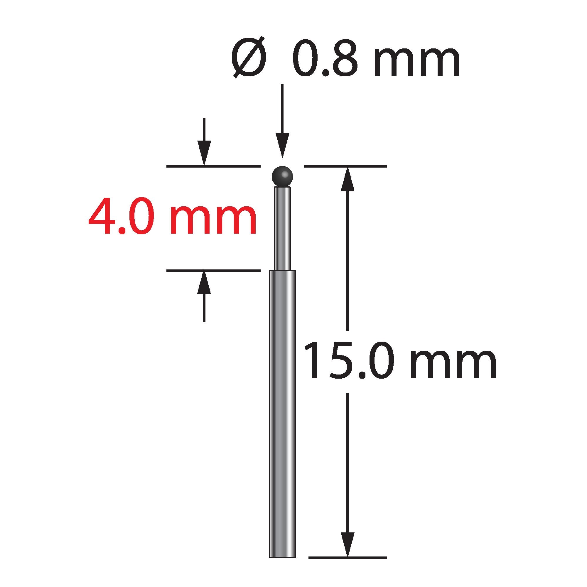 TST-0815-SN unthreaded stylus with 0.8mm silicon nitride ball and stepped carbide stem, 15.0mm long by Q-Mark Manufacturing, Inc.