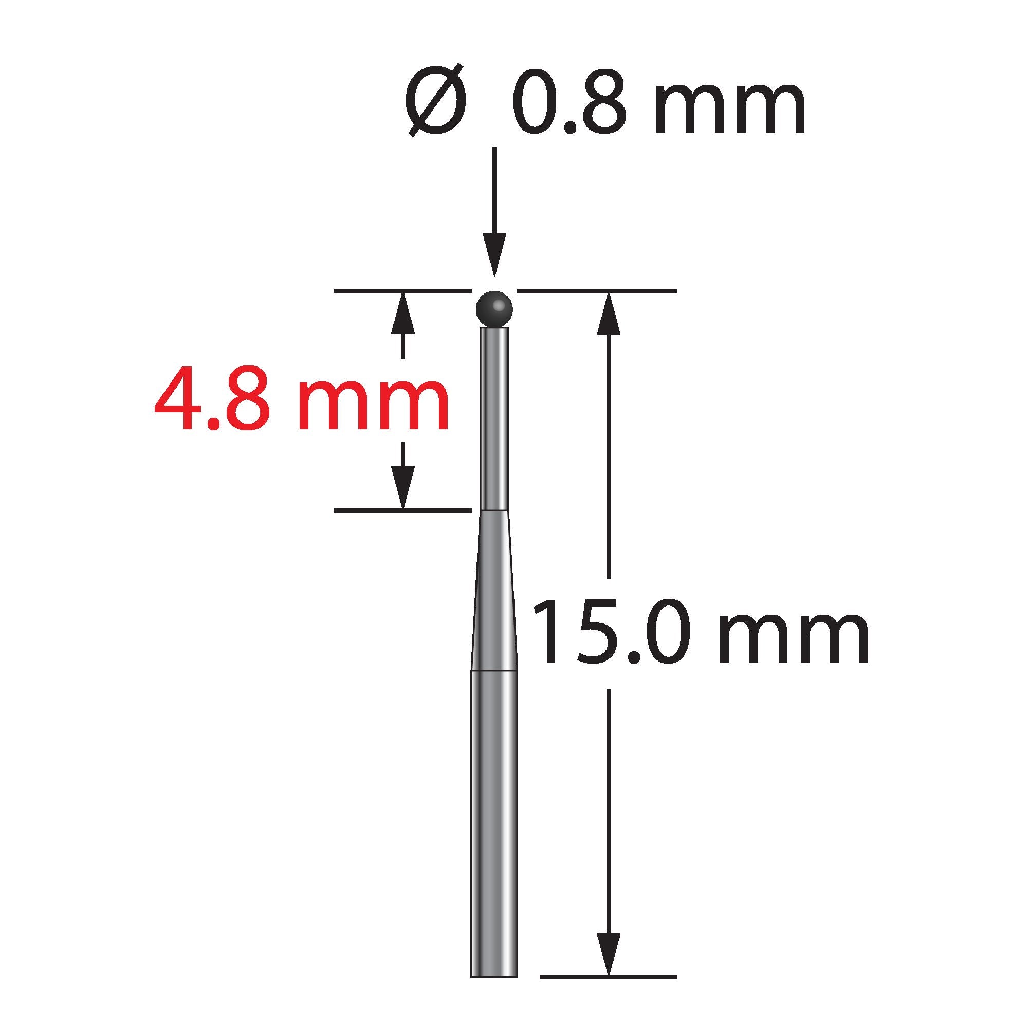 TST-0815-T-SN unthreaded stylus with 0.8mm silicon nitride ball and tapered carbide stem, 15.0mm long by Q-Mark Manufacturing, Inc.