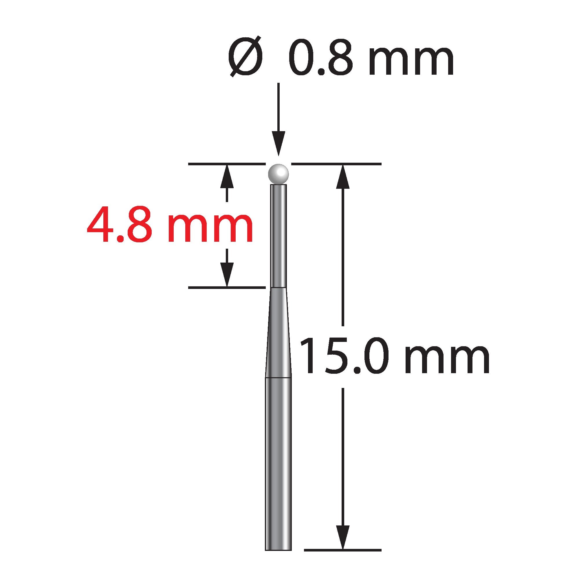 TST-0815-T-Z unthreaded stylus with 0.8mm zirconia ball, tapered carbide stem, 15mm length by Q-Mark Manufacturing, Inc.
