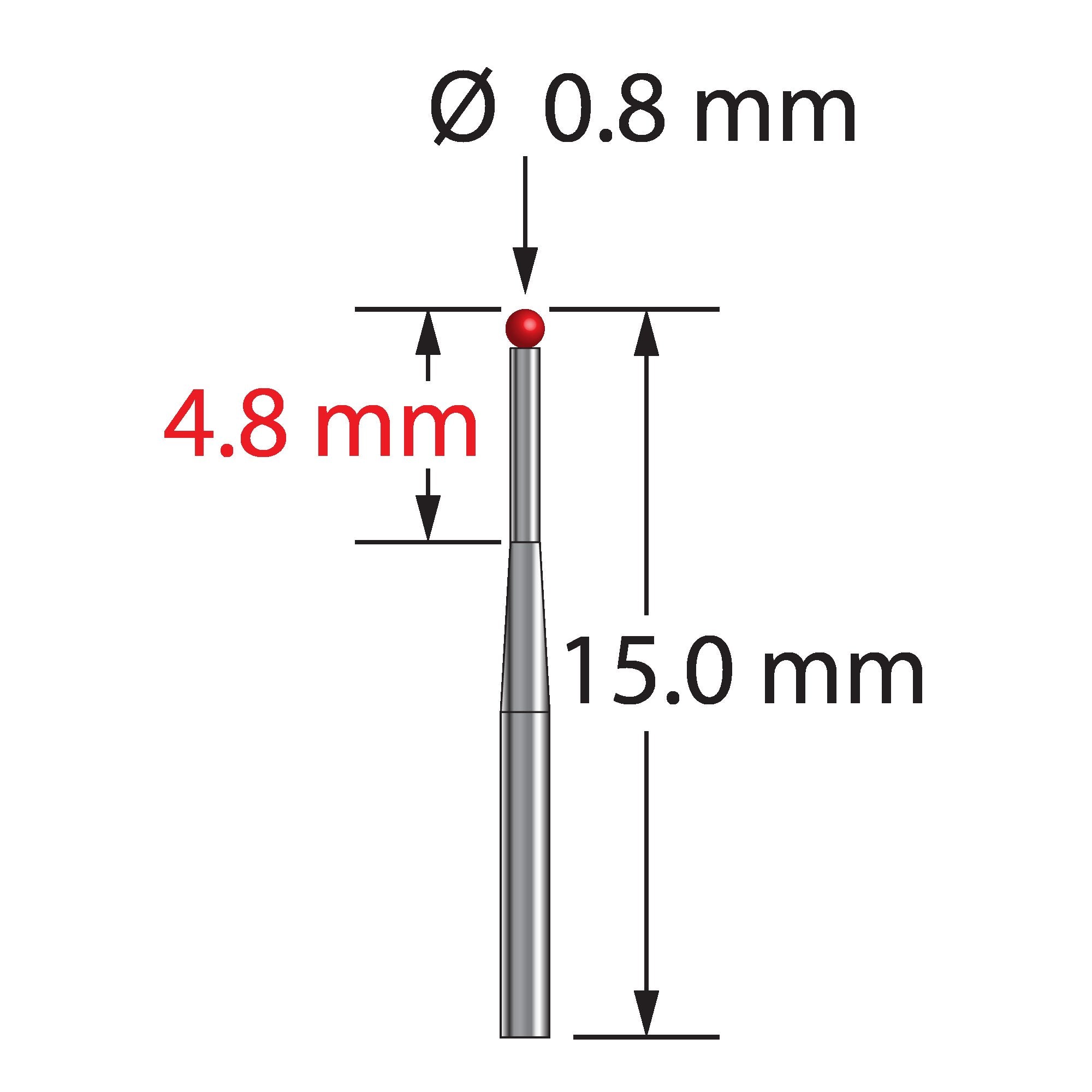 TST-0815-T unthreaded stylus with 0.8mm ruby ball and tapered carbide stem, 15mm long by Q-Mark Manufacturing, Inc.