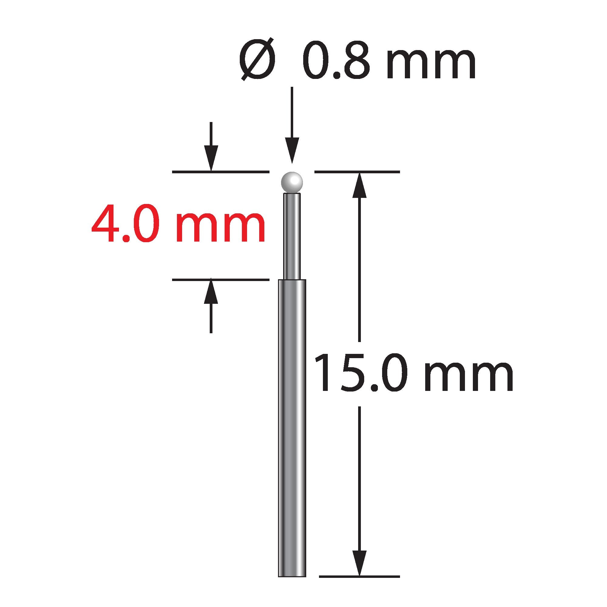 TST-0815-Z unthreaded stylus with 0.8mm zirconia ball, carbide stem, 15.0mm length by Q-Mark Manufacturing, Inc.