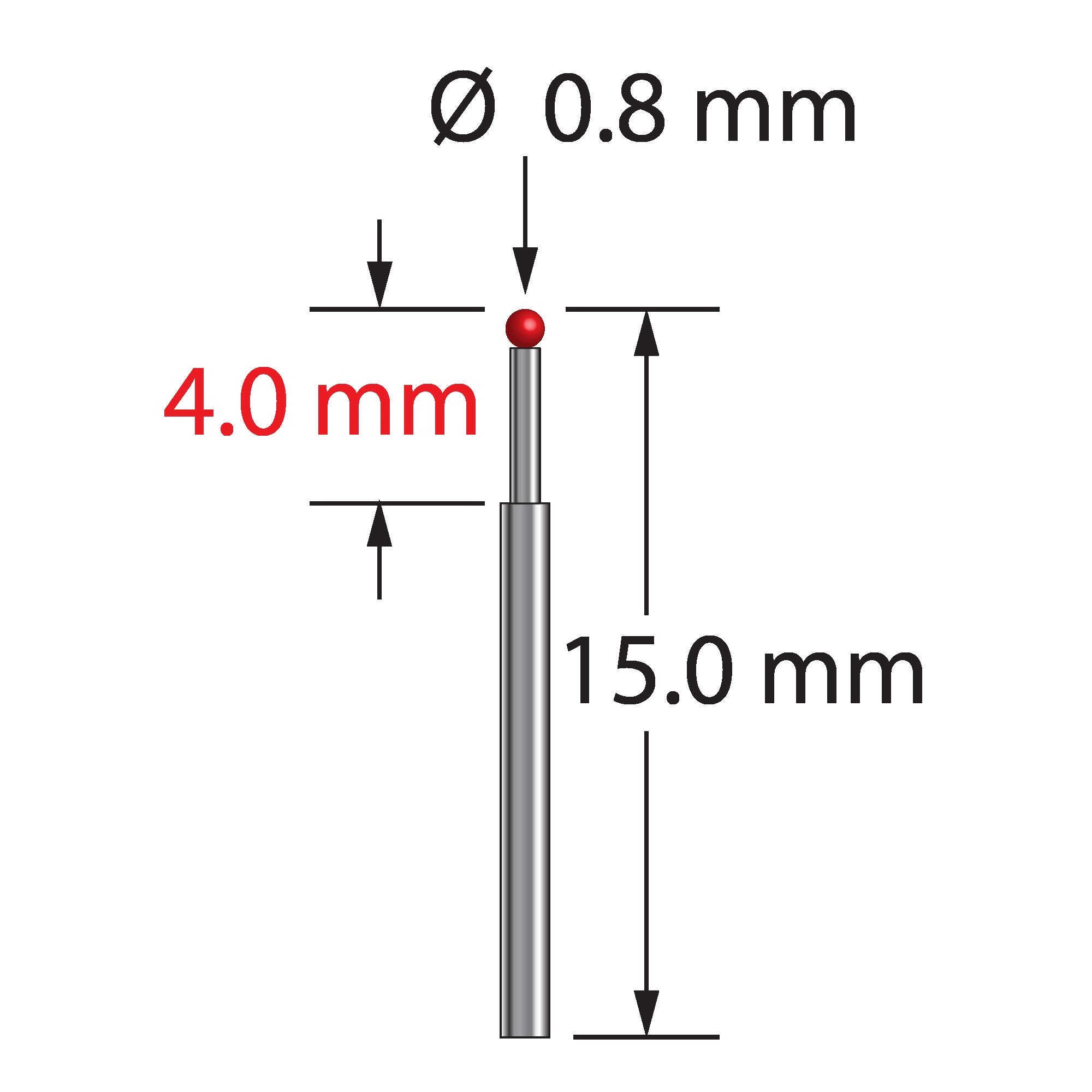 TST-0815 unthreaded stylus with 0.8mm ruby ball, stepped carbide stem, 15.0mm length by Q-Mark Manufacturing, Inc.