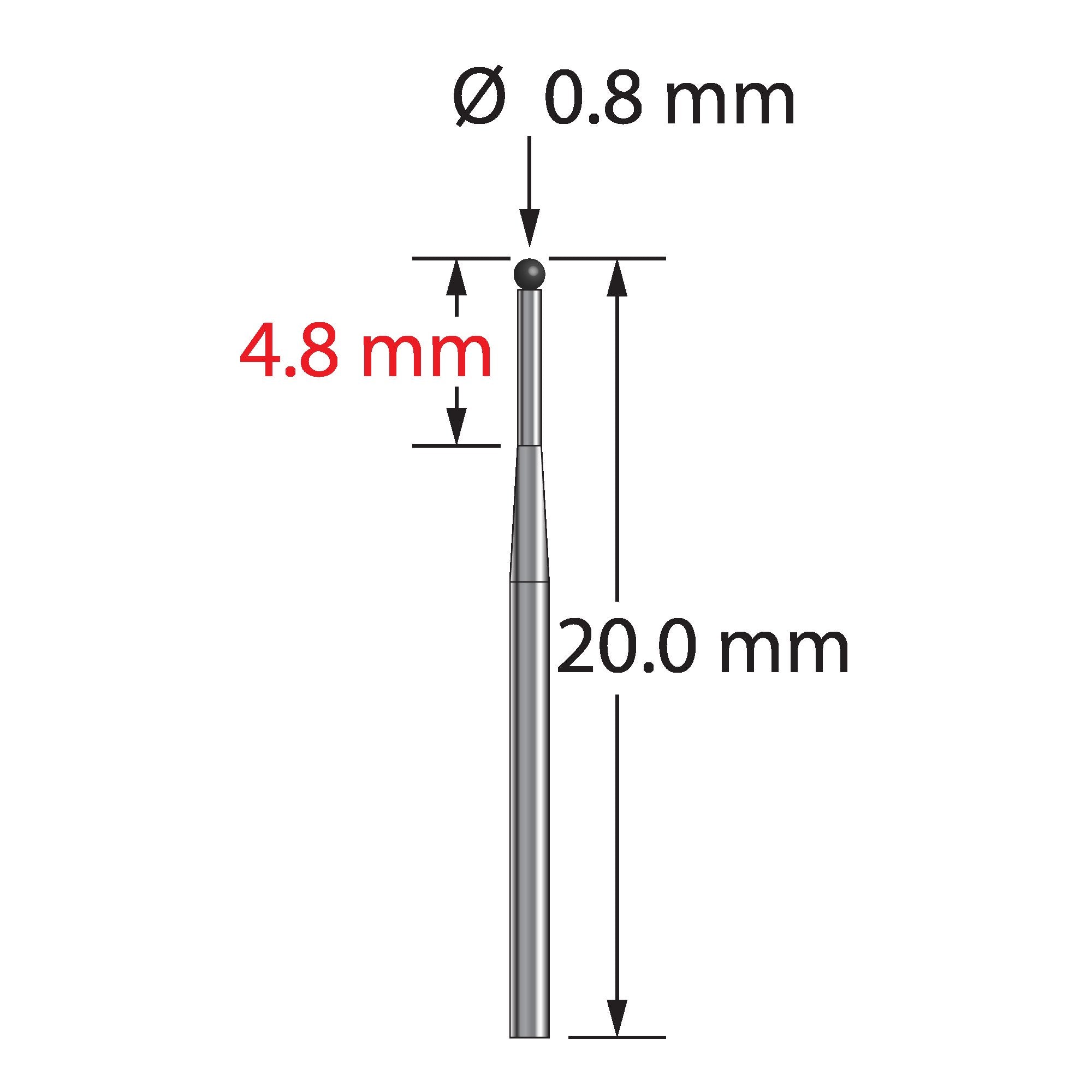 TST-0820-T-SN unthreaded stylus with 0.8mm silicon nitride ball and tapered carbide stem, 20.0mm long by Q-Mark Manufacturing, Inc.