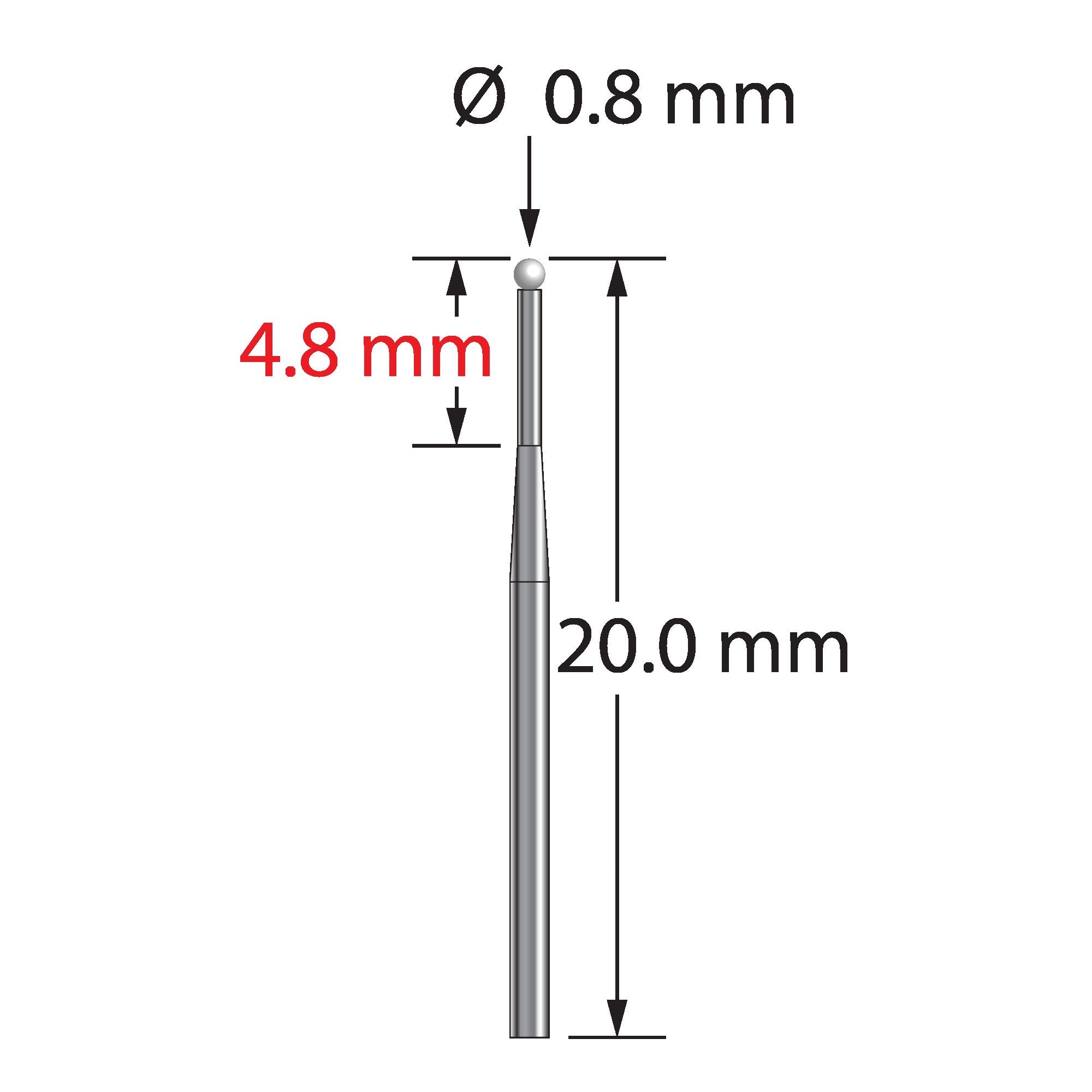 TST-0820-T-Z unthreaded stylus with 0.8mm zirconia ball and tapered carbide stem, 20mm long.