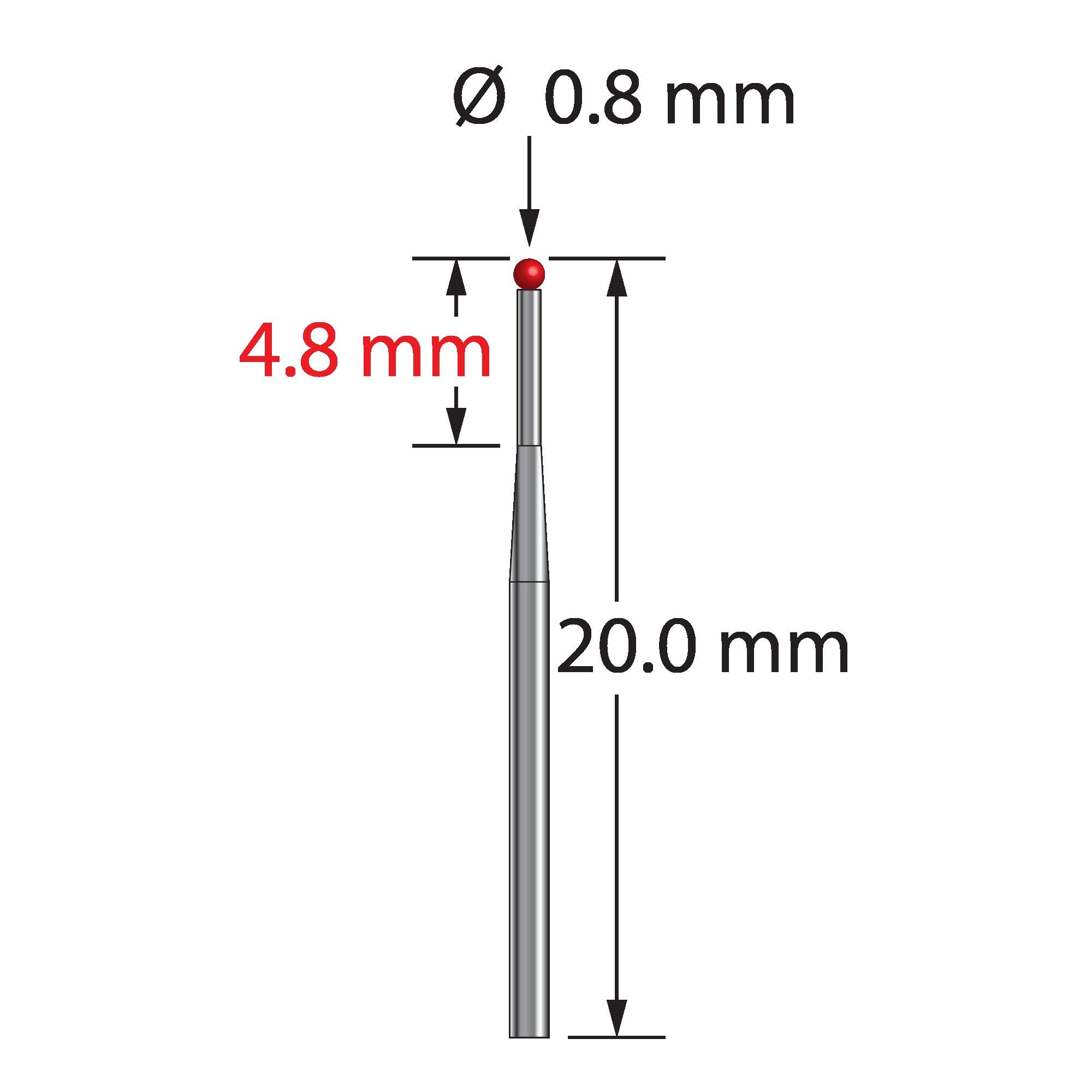 TST-0820-T unthreaded stylus with 0.8mm ruby ball, tapered carbide stem, 20mm long by Q-Mark Manufacturing, Inc.