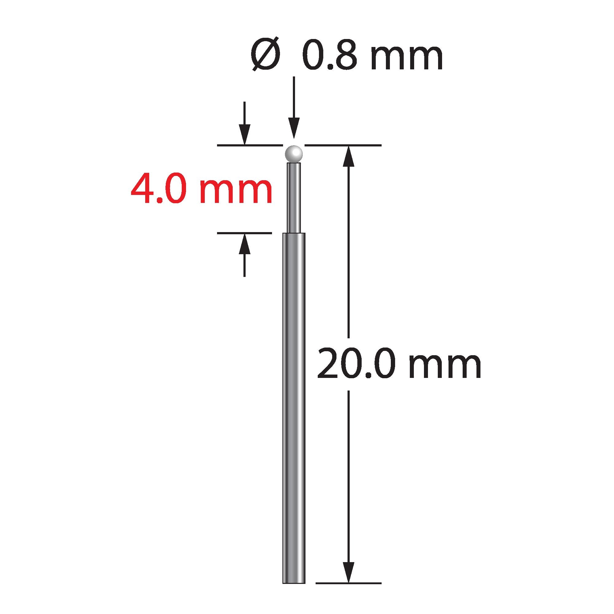 TST-0820-Z unthreaded stylus with 0.8mm zirconia ball and stepped carbide stem, 20.0mm long by Q-Mark Manufacturing, Inc.