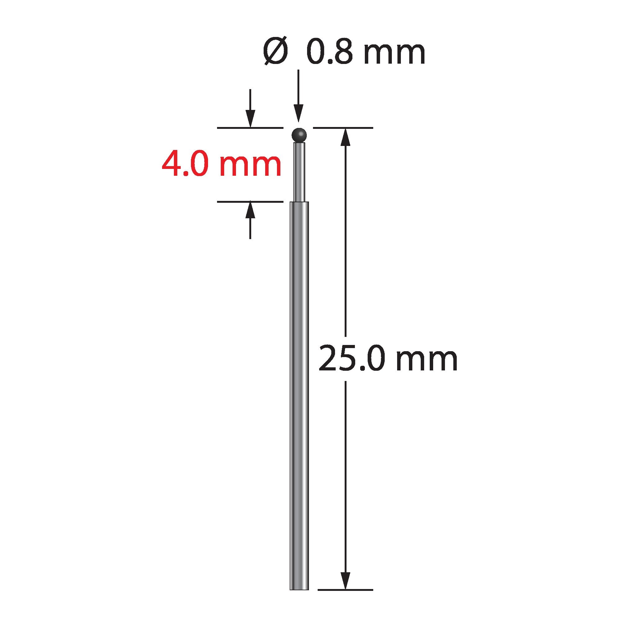 TST-0825-C unthreaded stylus with 0.8mm carbide ball and stepped carbide stem, 25mm long by Q-Mark Manufacturing, Inc.