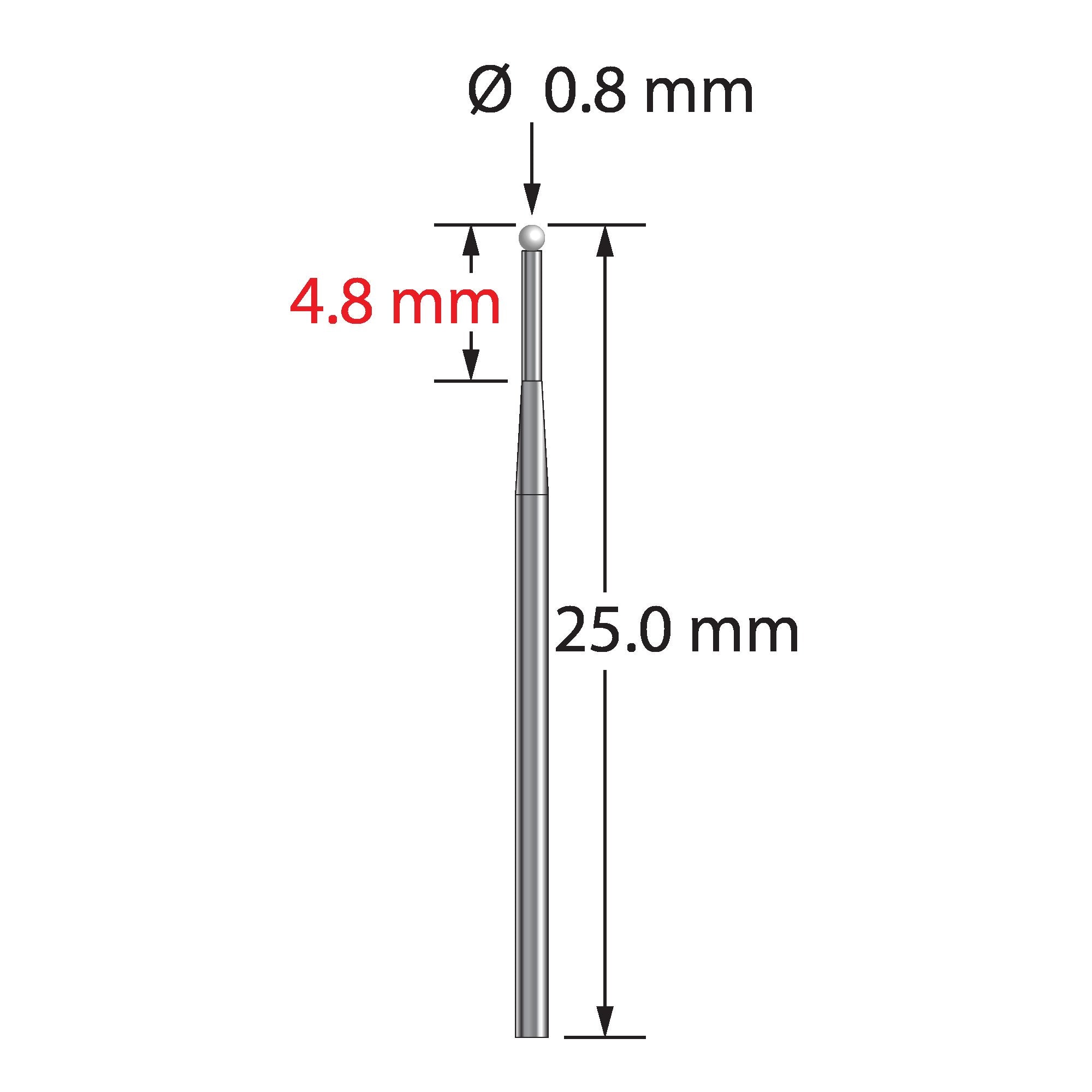 TST-0825-T-Z unthreaded stylus with 0.8mm zirconia ball, tapered carbide stem, 25mm long by Q-Mark Manufacturing, Inc.